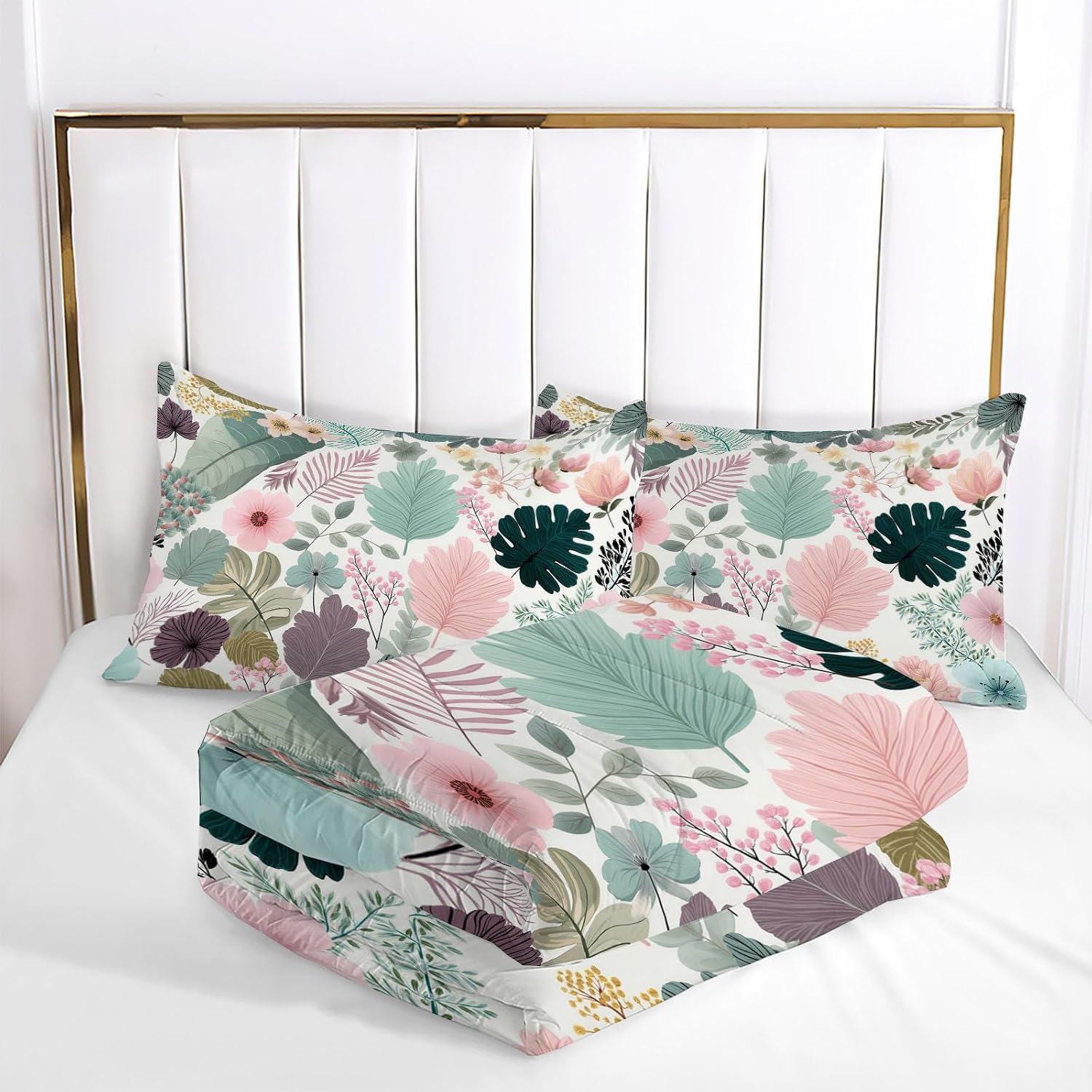 Cute Flowers Comforter Set Twin Size, Jungle Wildflowers and Leaves Bedding Set for Girls Boys, Pink Quilt Bed 68"X90" Bedding Comforter Sets with 2 Pillowcase Room Decor