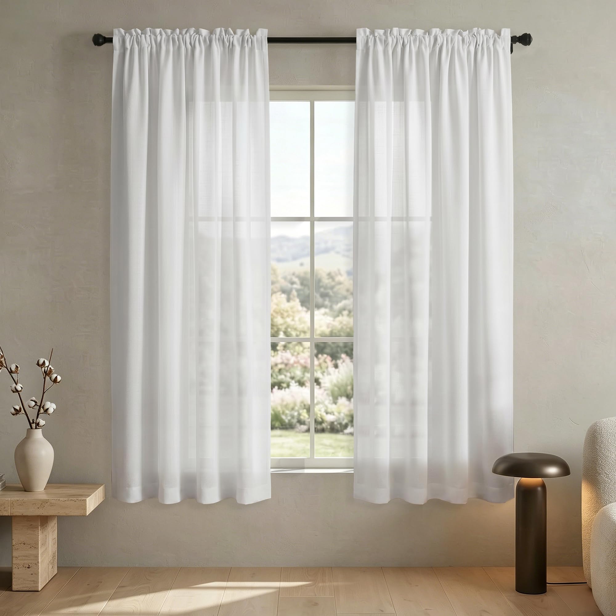 Pure White Curtains 38 Inch Width for Kitchen Windows 2 Panel Sets Rod Pocket Linen Textured Cafe Tier Light Filtering Short Sheer Curtains for Bedroom Laundry Room Farmhouse Decor Wide 38 x 45 Long