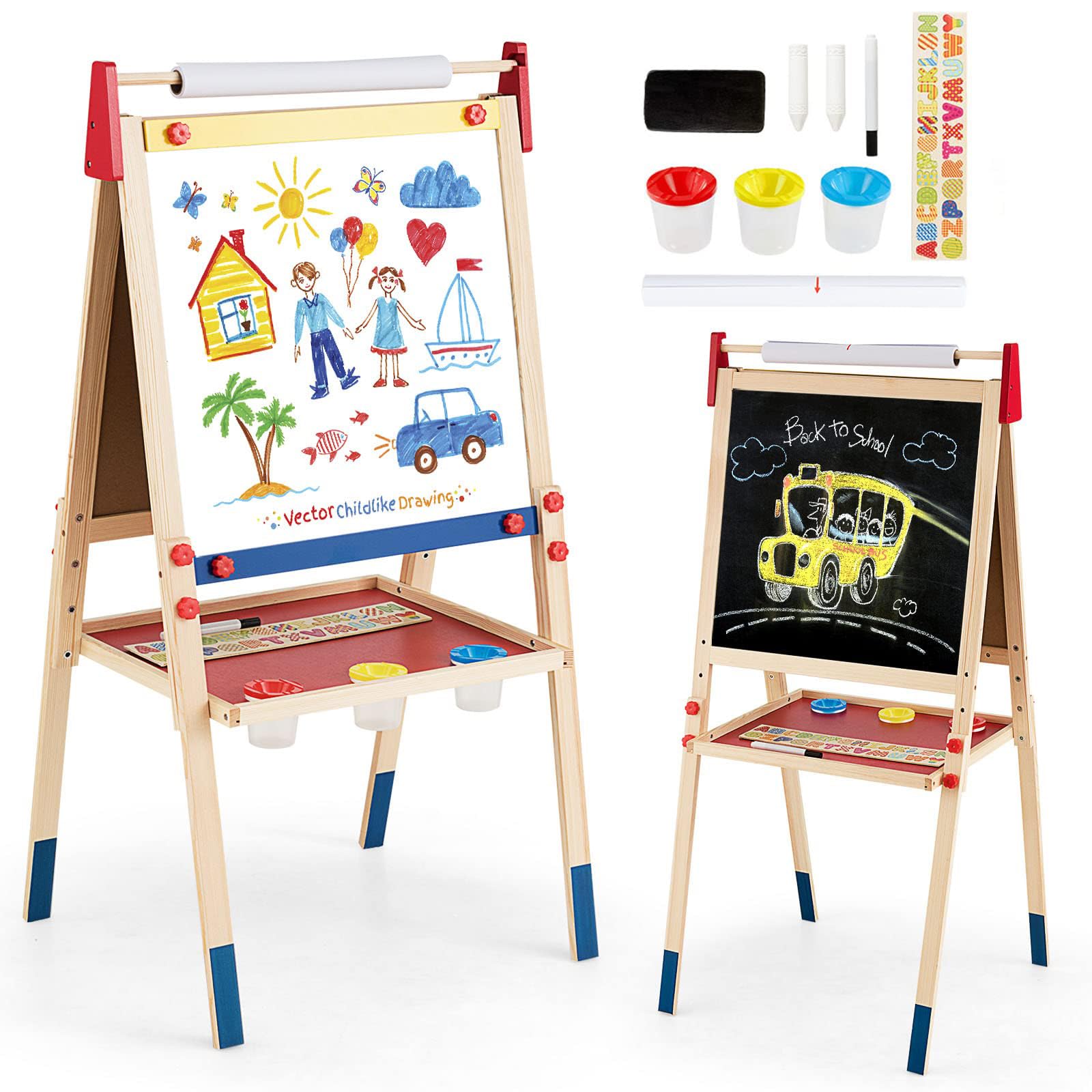 DREAMADE 3 in 1 Kinder-Staffelei aus Holz, Doppelseitige Standtafel mit Kreidetafel & magnetischem Whiteboard, Höhenverstellbare Kindertafel mit Papierrolle & viel Zubehör, für Kinder Malen