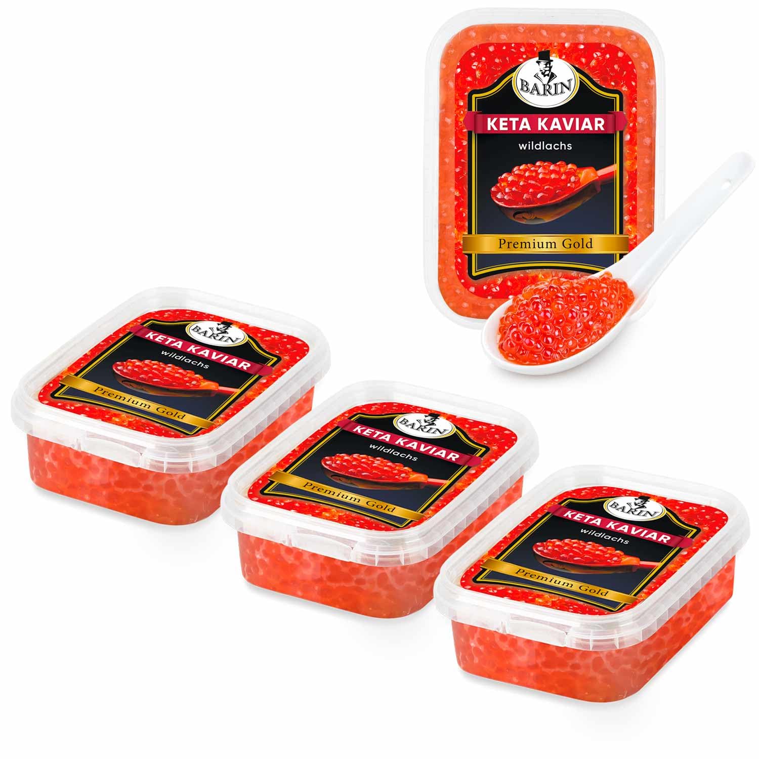 BARIN Kaviar Set 3+1 Premium Gold Lachskaviar 4x250g (1000g), Tiefgefroren | Roter Kaviar Wildlachs aus Alaska Rote Fischeier Ohne Konservierungsstoffe Икра Красная Лососевая