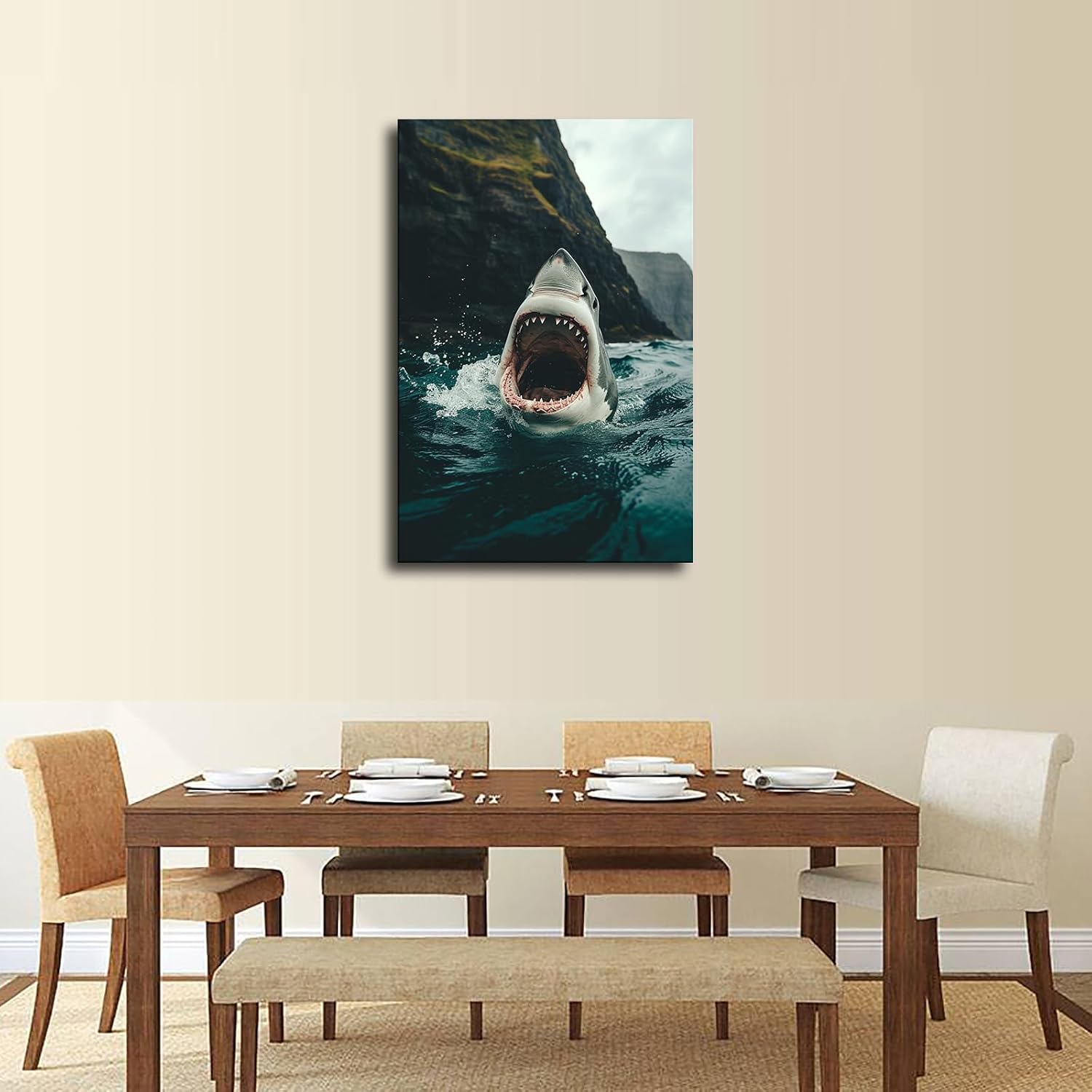 New Decorative Painting Animal Shark Great White Shark Sea Open Mouth Print Poster Picture HD Print Poster Retro Painted Modern Home Bedroom Room Aesthetic Decoration Canvas Art (16x24inch Unframed) image 4
