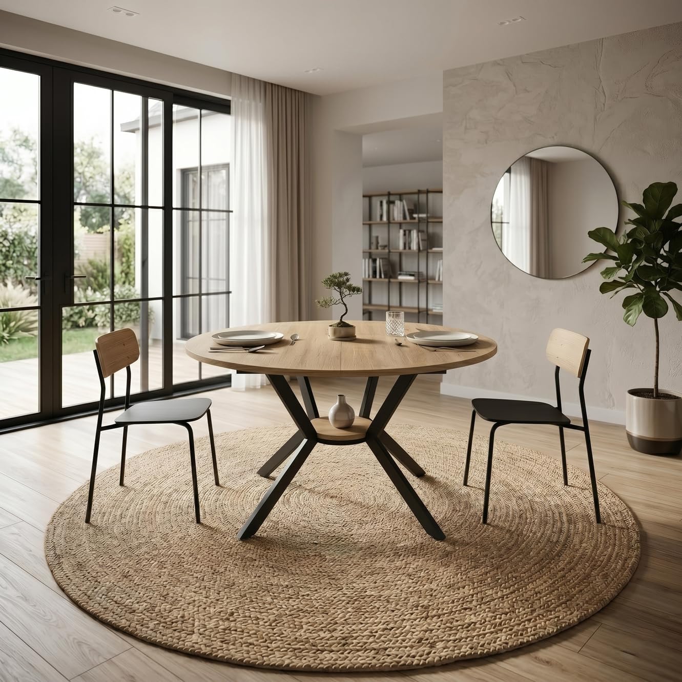Tavolo da pranzo rotondo allungabile, 100-140 x 100 x 80 cm, robusto telaio in metallo a X, nero, tavolo da cucina con vano portaoggetti, tavolo da pranzo allungabile ovale per fino a 6 persone, per