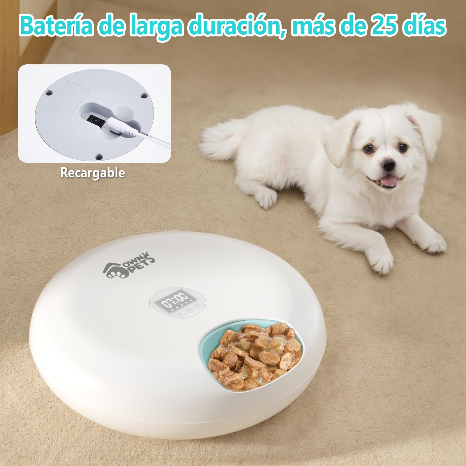 Ownpets Comedero Automático para Gatos y Perros, Dos Paquetes de Hielo para Mantener Comida Fresca, Temporizador Programable, 6 Comidas, Alimentación USB, para Comida Seca y Húmeda, Blanco