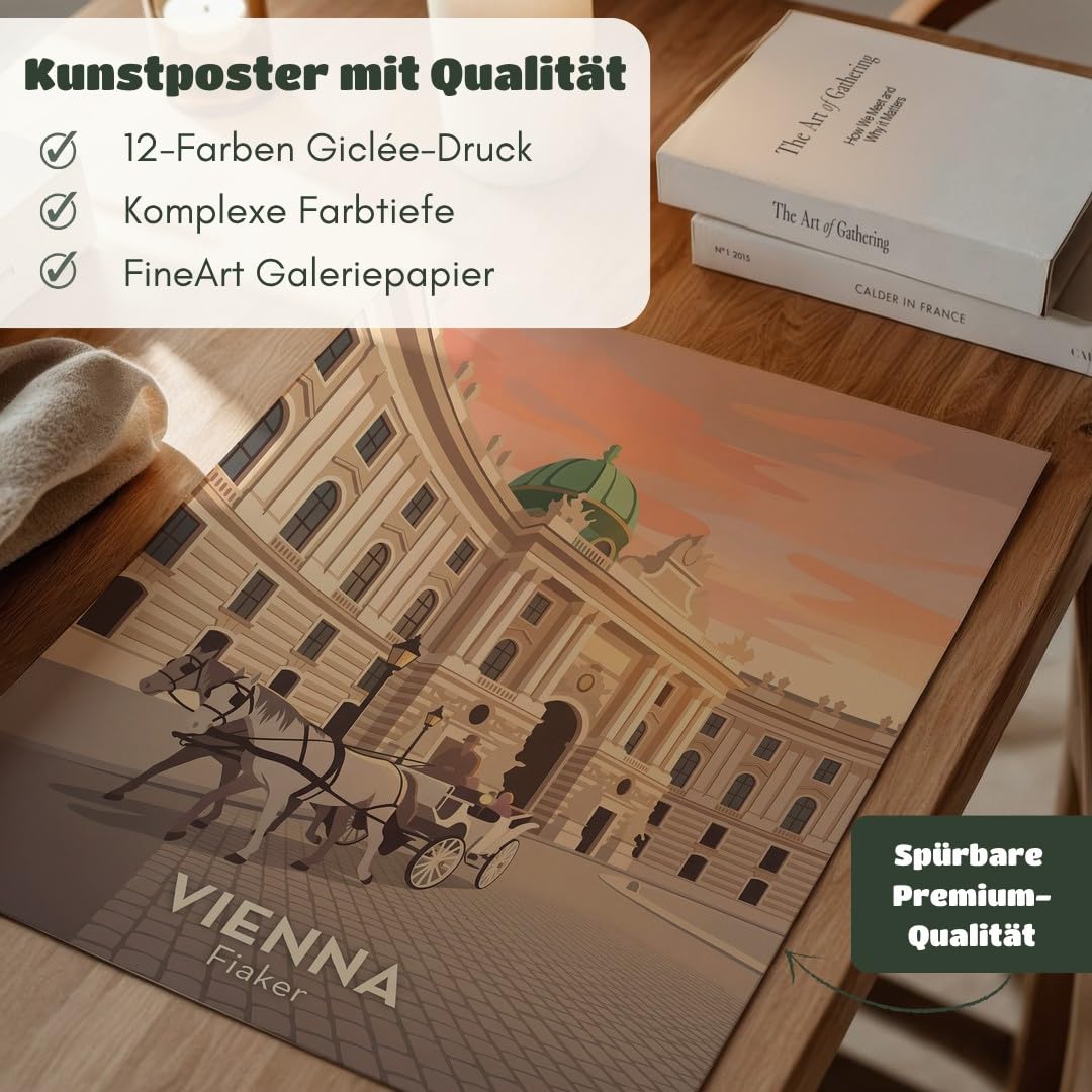 MJ-GRAPHICS® Poster Fiaker Kunstdruck Wien Architektur Wandbild klassisch Sonnenuntergang sanfte Töne Wohnzimmer Deko edel Zeichen Stadtgeschichte Bilder Vintage 50x70 mit schwarzem Rahmen