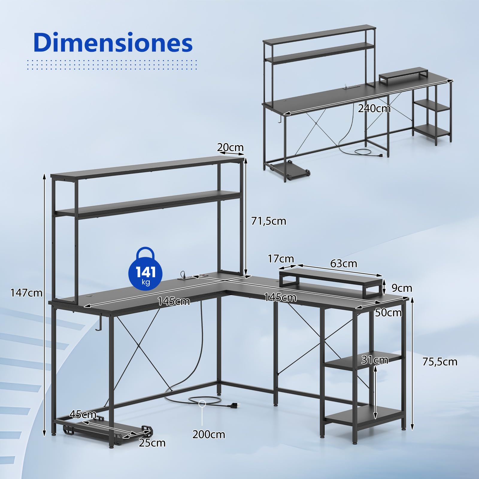 COSTWAY Escritorio Gaming en L con Luces y Enchufe, 145 x 145cm, Escritorio Esquinero Reversible con Estanterias, Soporte para Monitor, Mesa en L Grande para 2 Personas (Negro)