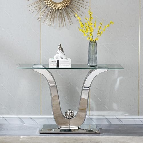 Miniatura 15 de Mesa consola de cristal dorado de lujo moderna de 55 pulgadas, mesa de entrada delgada con base de acero inoxidable brillante con espejo Consola