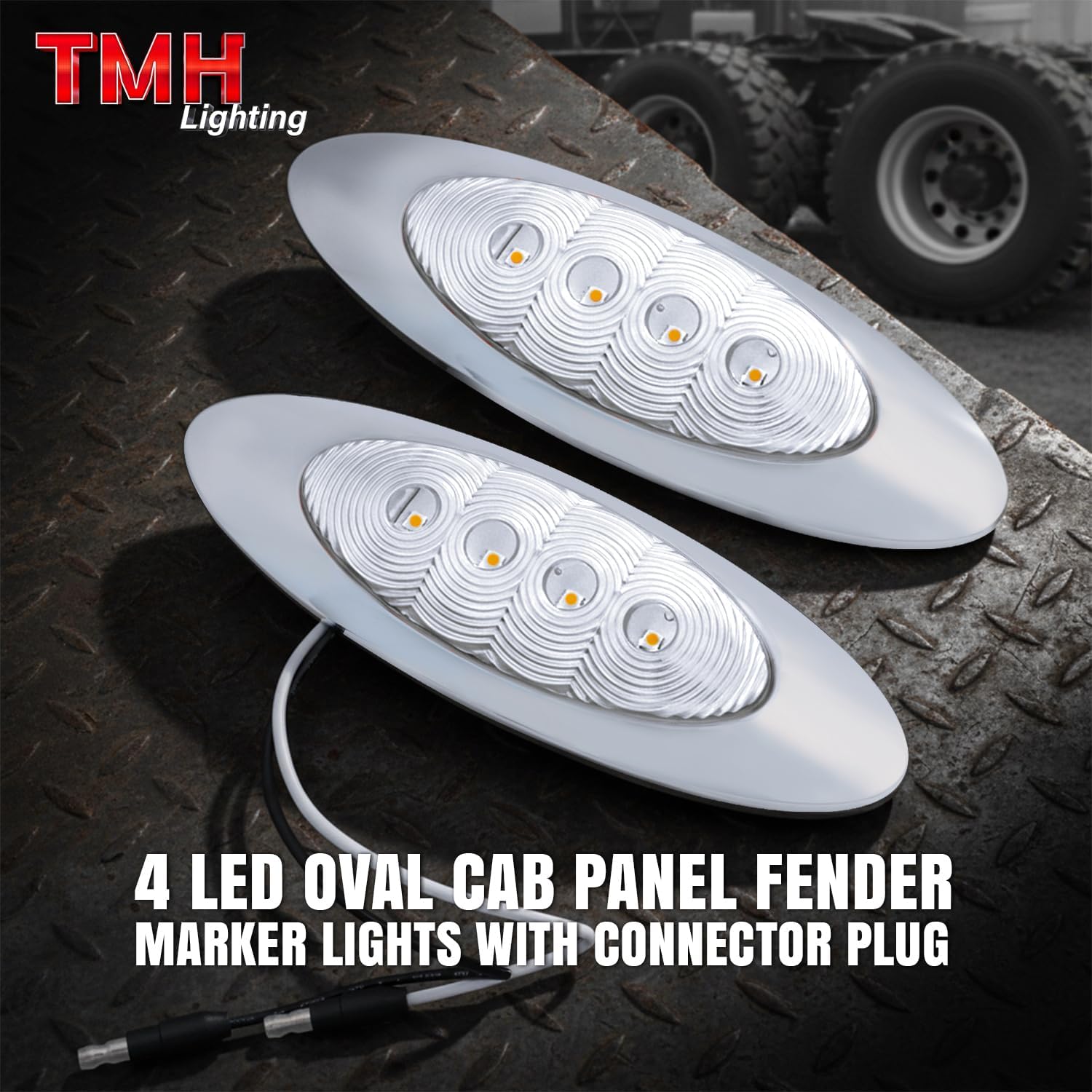 TMH 6-5/8 Oval Clear Lens Amber 4LED Side Marker Clearance Lights with Connector Plug Turn Signal Compatible with Peter-bilt Ken-worth Freightli-ner, 12V DC (10 Pcs)