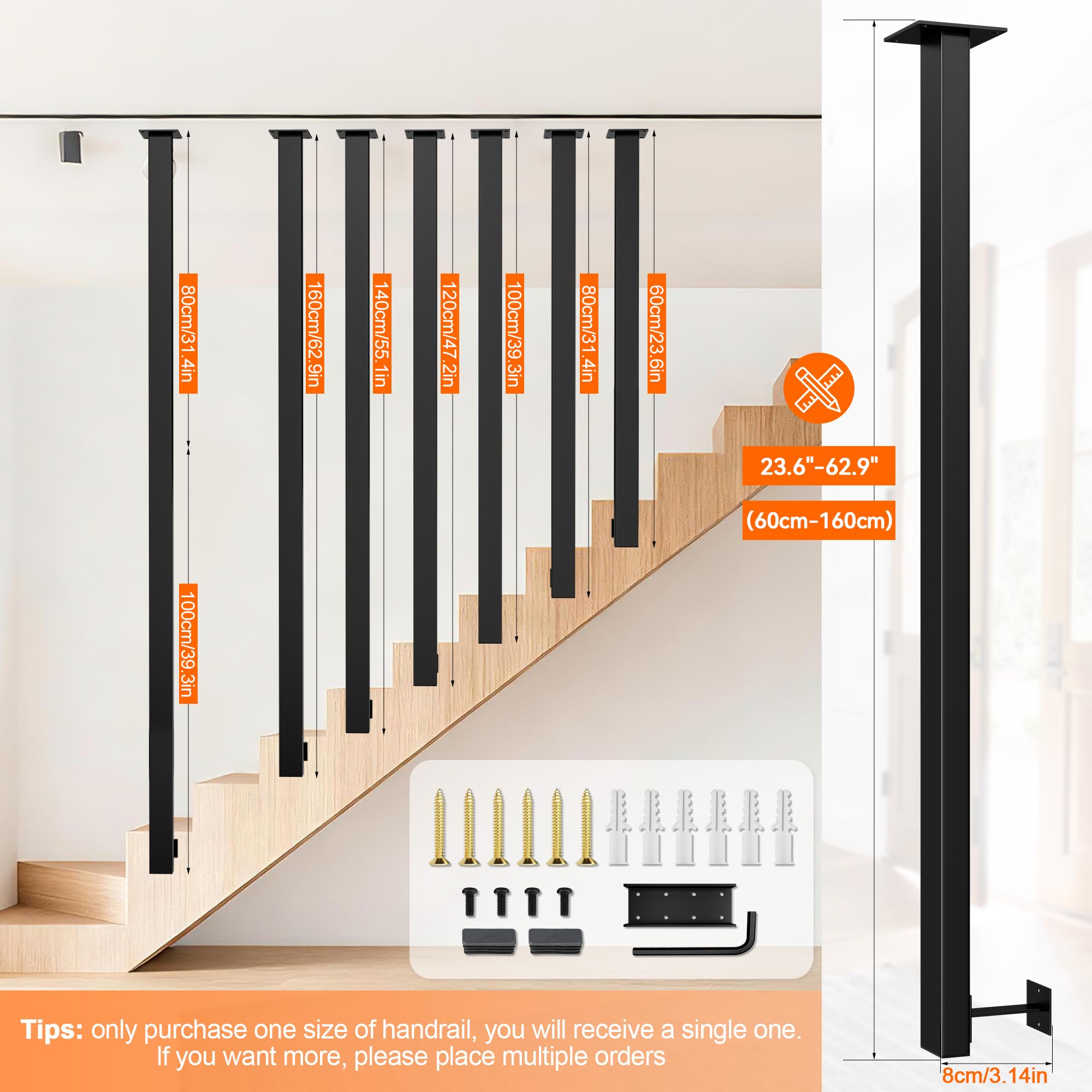 Treppengeländer Innen, Geländer Treppe Schwarz, Metall Handlauf Treppe L Form, Matt Geländerpfosten Handläufe für Treppen, Treppengeländer, Treppenhandlauf für Dachböden, Flure (120cm)