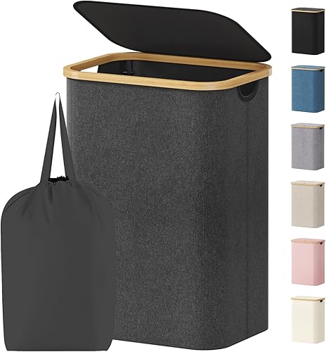 Vista 33 de Lifewit - Cesta para ropa sucia de 100L con tapa, cestas para ropa con asas de bambú y una bolsa extraíble, cesta grande plegable para ropa sucia