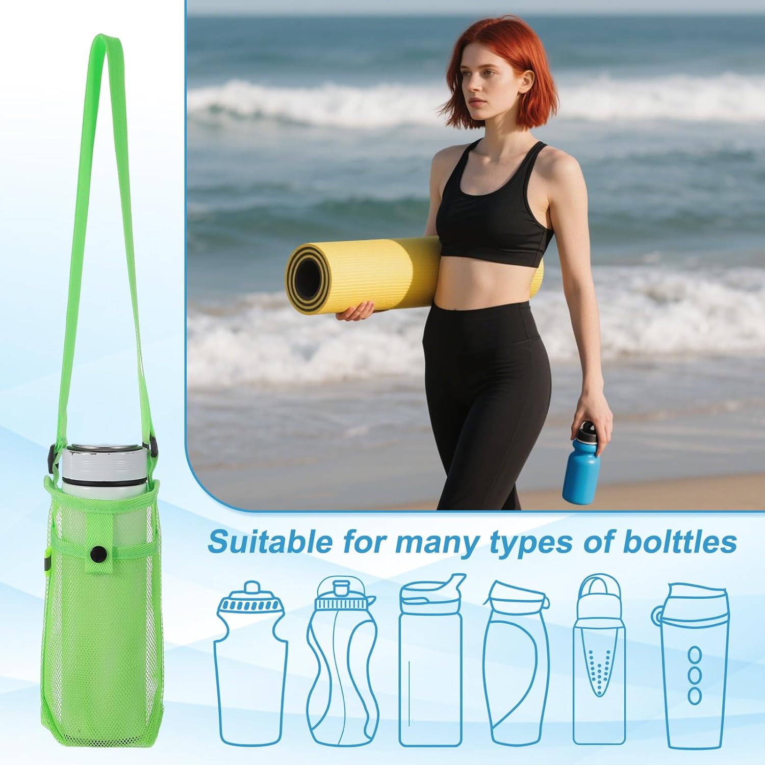 uxcell Water Bottle Holder with Shoulder Strap, Mesh Water Bottle Sleeve Bag, Crossbody Bottles Carrier Sling Pouch for Hiking Gym Camping Walking Travel, Navy Blue - Image 4