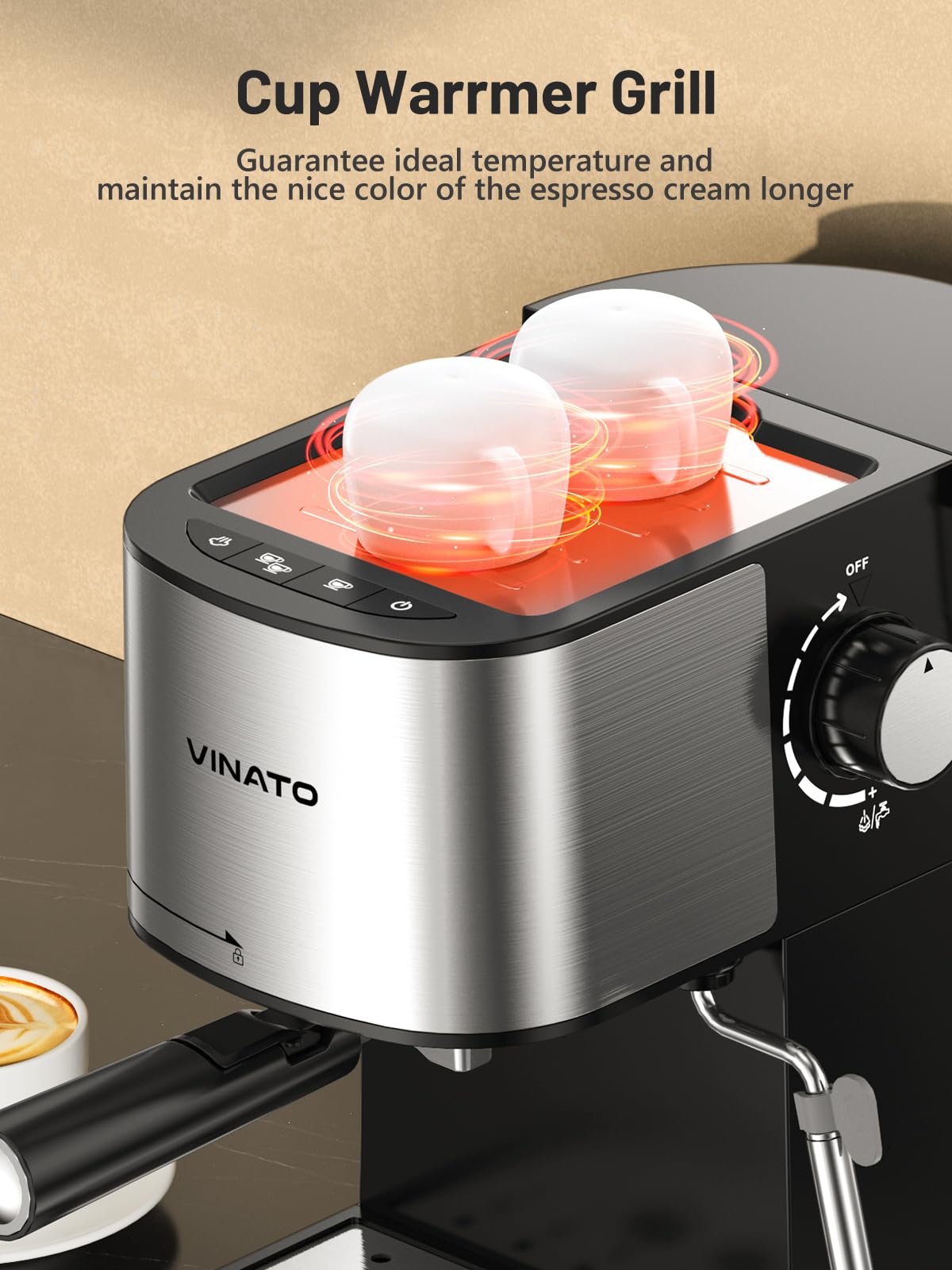 VINATO Macchina Espresso 15 Bar | Montalatte Professionale Integrato | Compatta 17 cm per Cucine Piccole | Doppia Tazza & Riscaldamento Rapido | Cappuccino, Latte, Macchiato - Include 2 Filtri