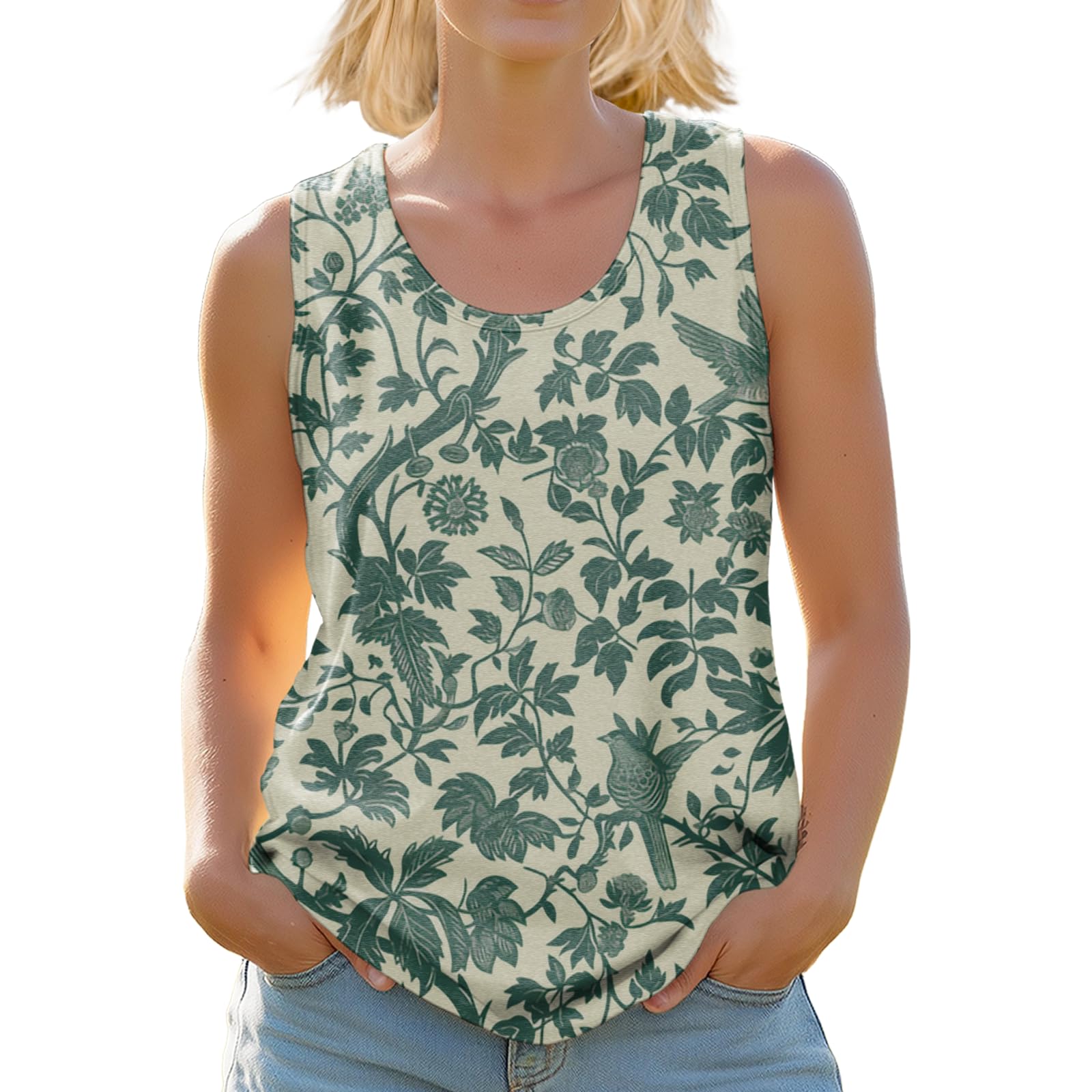 Womens Floral Tank Top Sleeveless Crew Neck Blouse Loose Fit Summer Casual Shirt Botanical Print Vacation Top