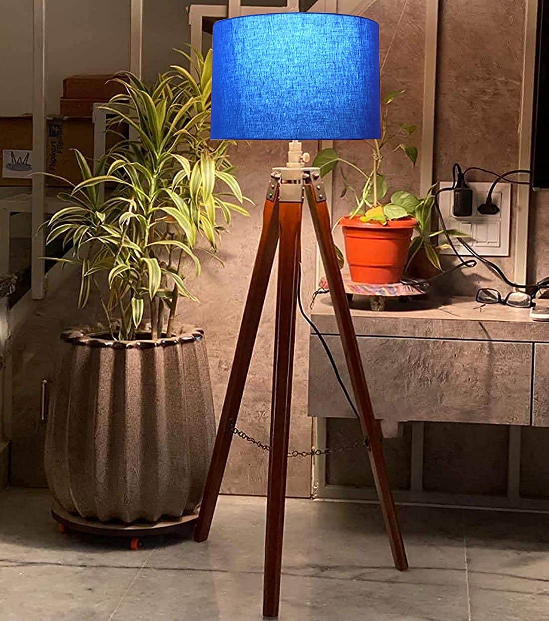 F N Finautica Natural Standard Size Tripod LED Floor Lamp With Blue Cotton Fabric Lamp Shade Home Decors Gift, Brown