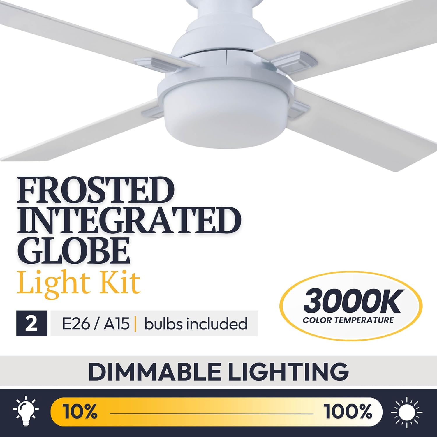 Prominence Home Kyrra, 52 Inch Contemporary Indoor Semi Flush Mount LED Ceiling Fan with Light, Remote Control, Dual Finish Blades, Reversible Motor - 51680-01 (White)