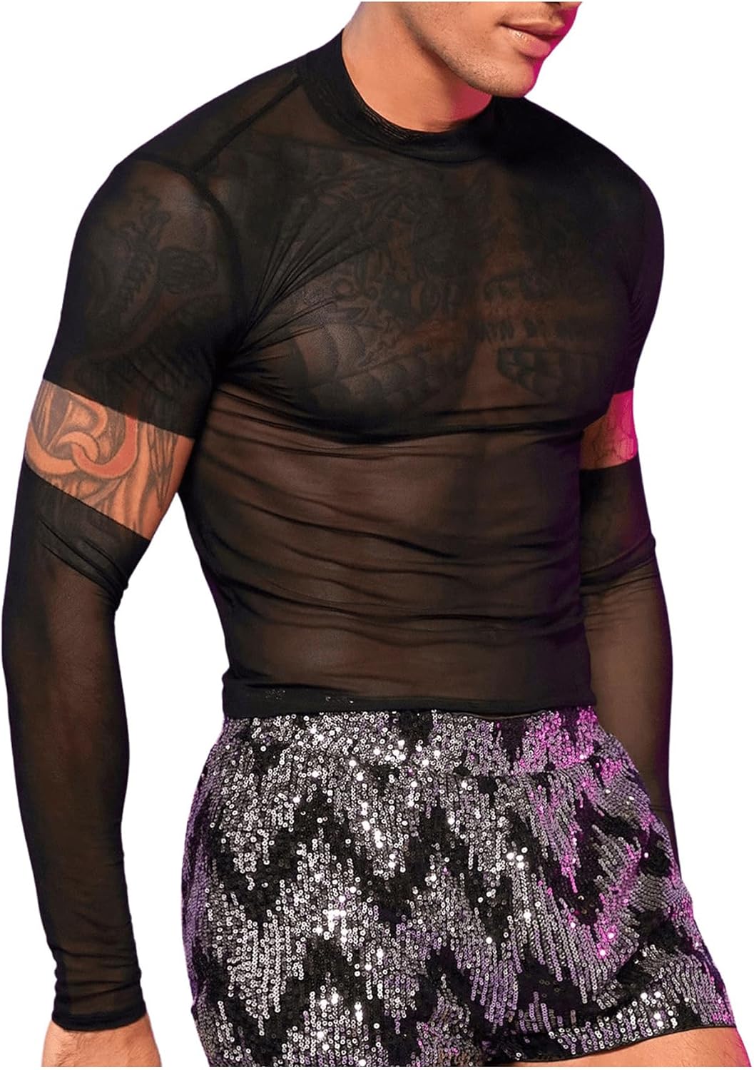 SHENHE Men's Cut Out Sheer Mesh Crewneck Long Sleeve Fitted Crop Tee Shirt Party Top - Image 4