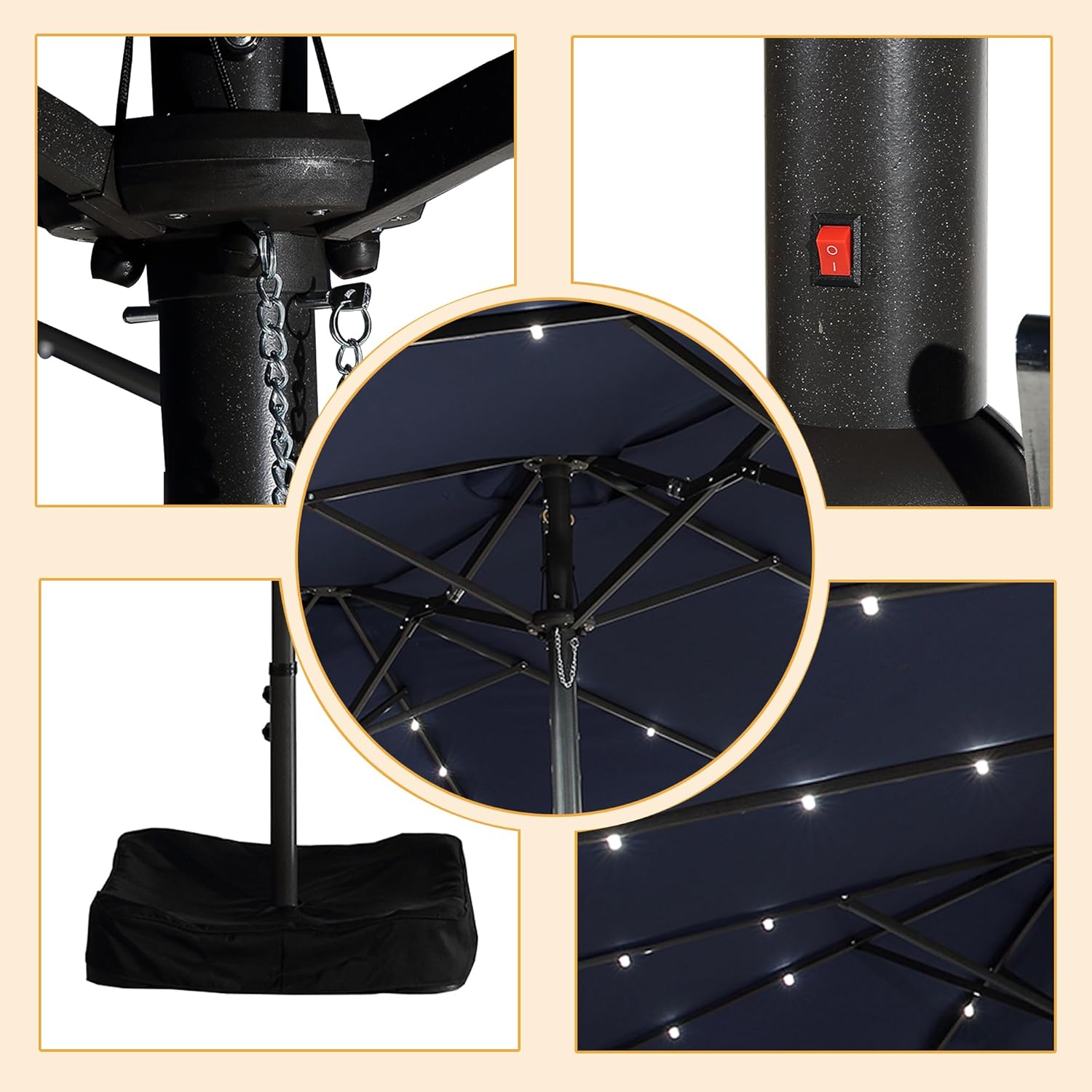 Clihome 15ft Patio Umbrella with Base Included and LED lights, Outdoor Market Extra Large Umbrella, Outdoor Patio Table Umbrella, Pool Umbrella For Deck, Pool, Garden, Lawn