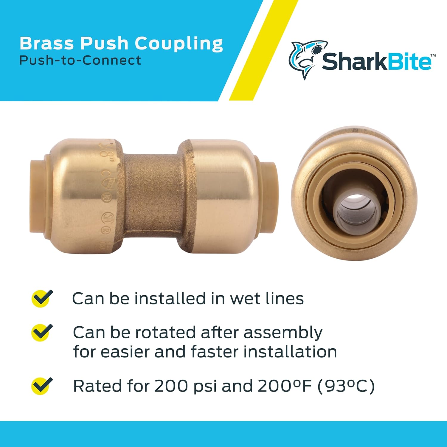 SharkBite 3/8 inch Coupling, Pack of 6, Push to Connect Brass Plumbing Fitting, PEX Pipe, Copper, CPVC, PE-RT, HDPE, U006LF