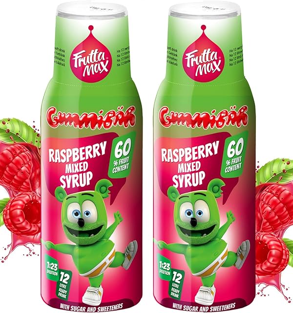 2 Pack - FruttaMax - Koncentrat Syropu Owocowego | Mniej cukru | z 60% zawartością owoców | Nadaje się do automatu sodowego (2 x 500 ml) (2 x Gummibar Malina)