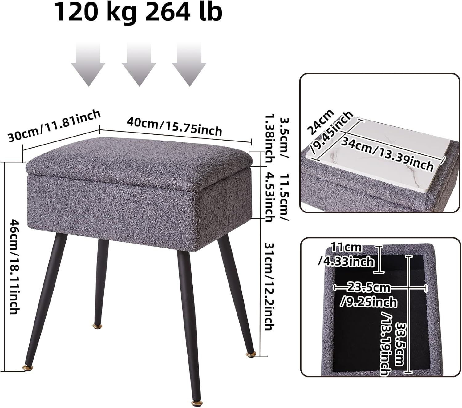 Aibiju Vanity Stool Chair Teddy Velvet with Storage, Grey Ottoman with Storage, Furry Padded Stool with 4 Metal Legs, 15.7" L x 11.8" W x 18.1" H Mushroom Ottoman for Makeup Bedroom Gray YD-SMS137G