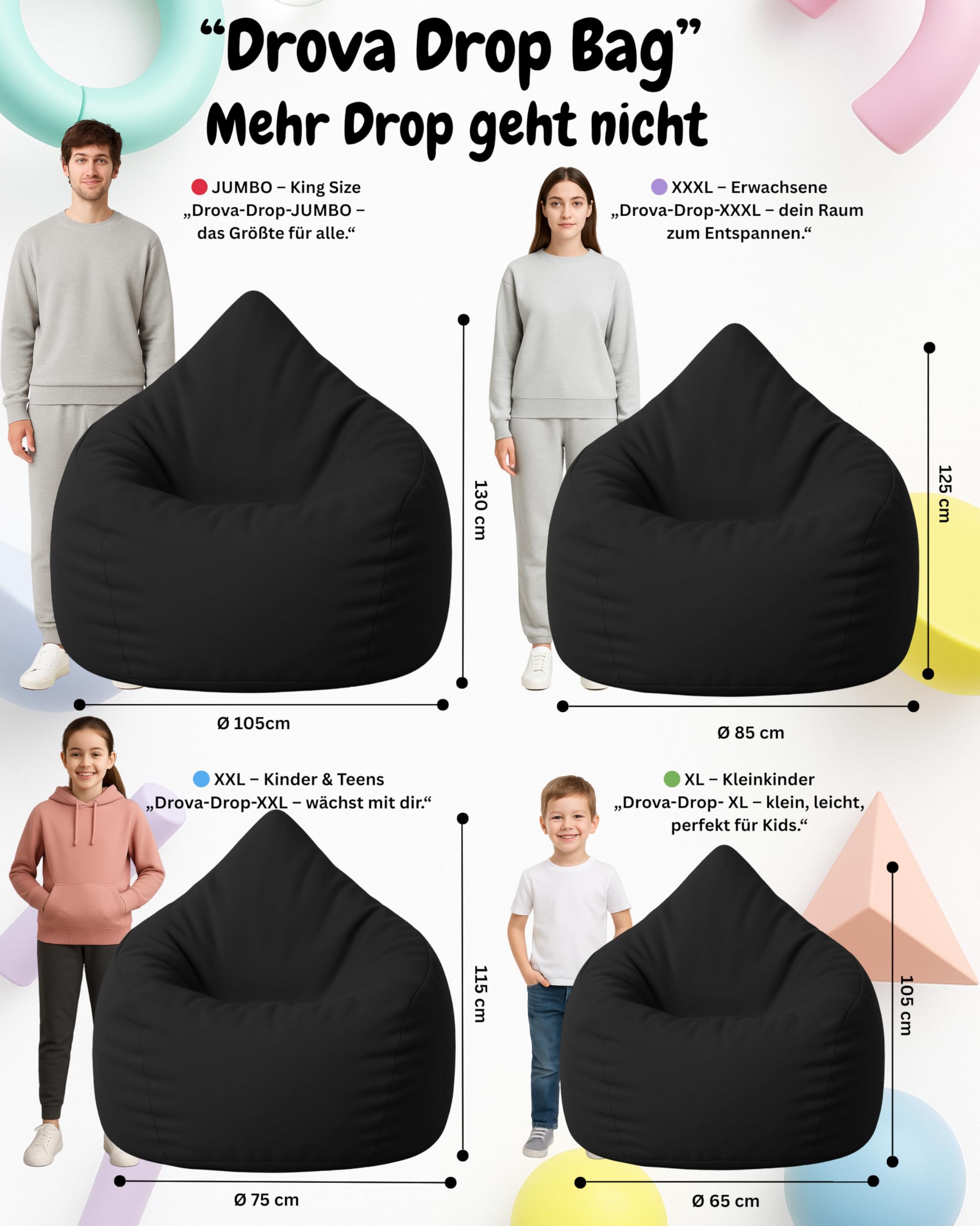 PATCH HOME Sitzsack Tropfenform mit Reißverschluss Nachfüllbar In & Outdoor Höhe 125cm Durchmesser 105cm Schwarz