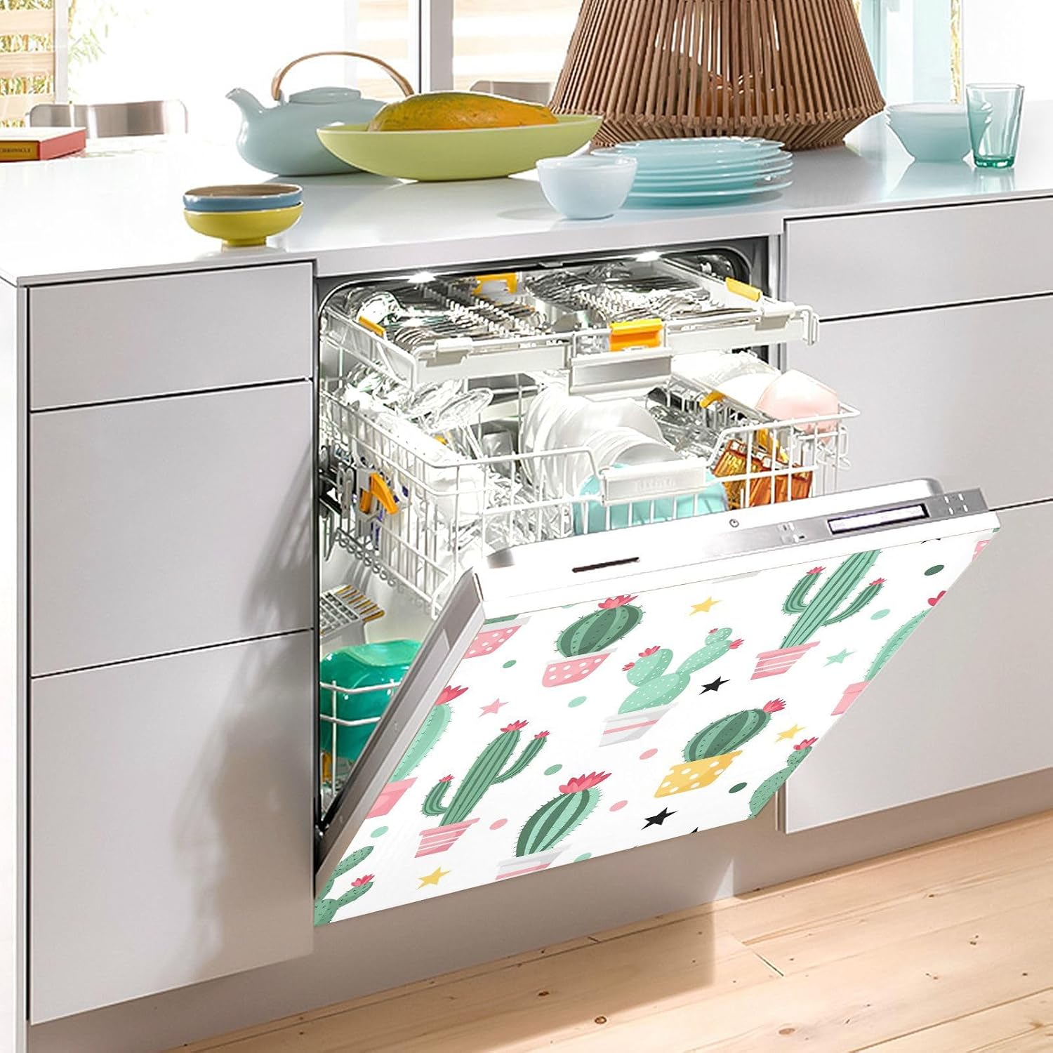 QUGRL Cactus Pots Stars Dots Colorful Dishwasher Magnet Cover Front Door Decorative Refrigerator Covers Magnetic Sheet Sticker Wash Machine Fridge Panel Decal for Kitchen Appliance 23x26 in