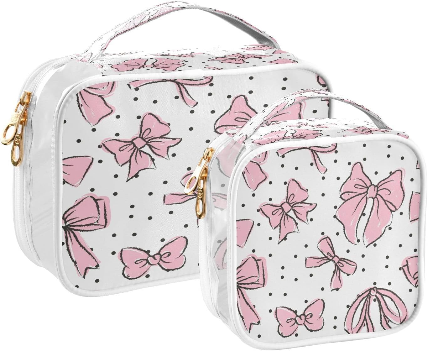 Kigai Pink Bow Makeup Bags for Women and Girls Waterproof Portable Cosmetic Bag Clear Toiletry Bag with Zipper & Handle Travel Accessories Organizer, 2 Pack - Image 2