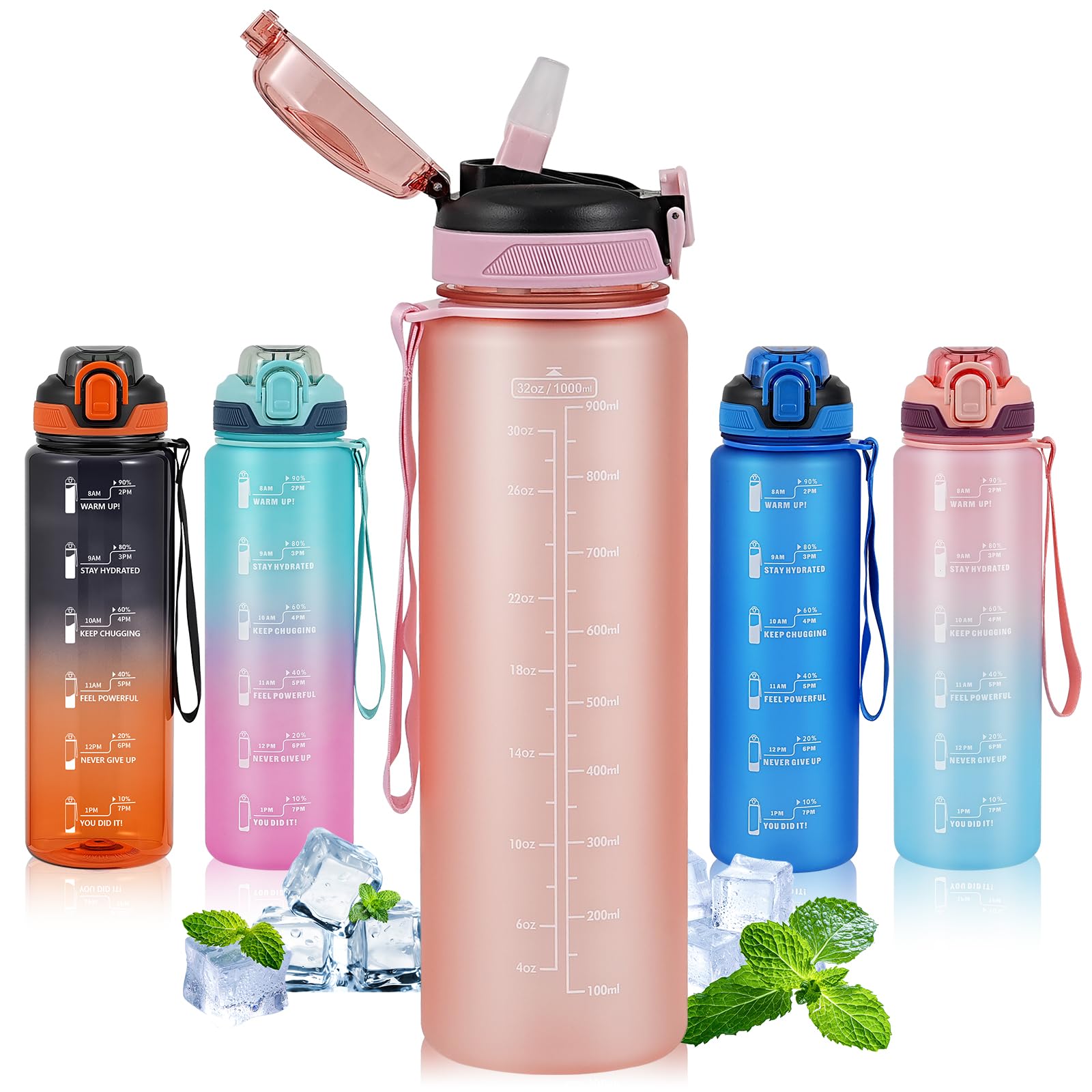 SEASEVEN 1L Water Bottle with Straw,Plastic Drinks Bottle,1 Litre Sports Water Bottles with Time Markings,Girls Boys Waterbottle Leak-Proof & Bpa-Free for Gym,Cycling, Office (Pink2) — image 1
