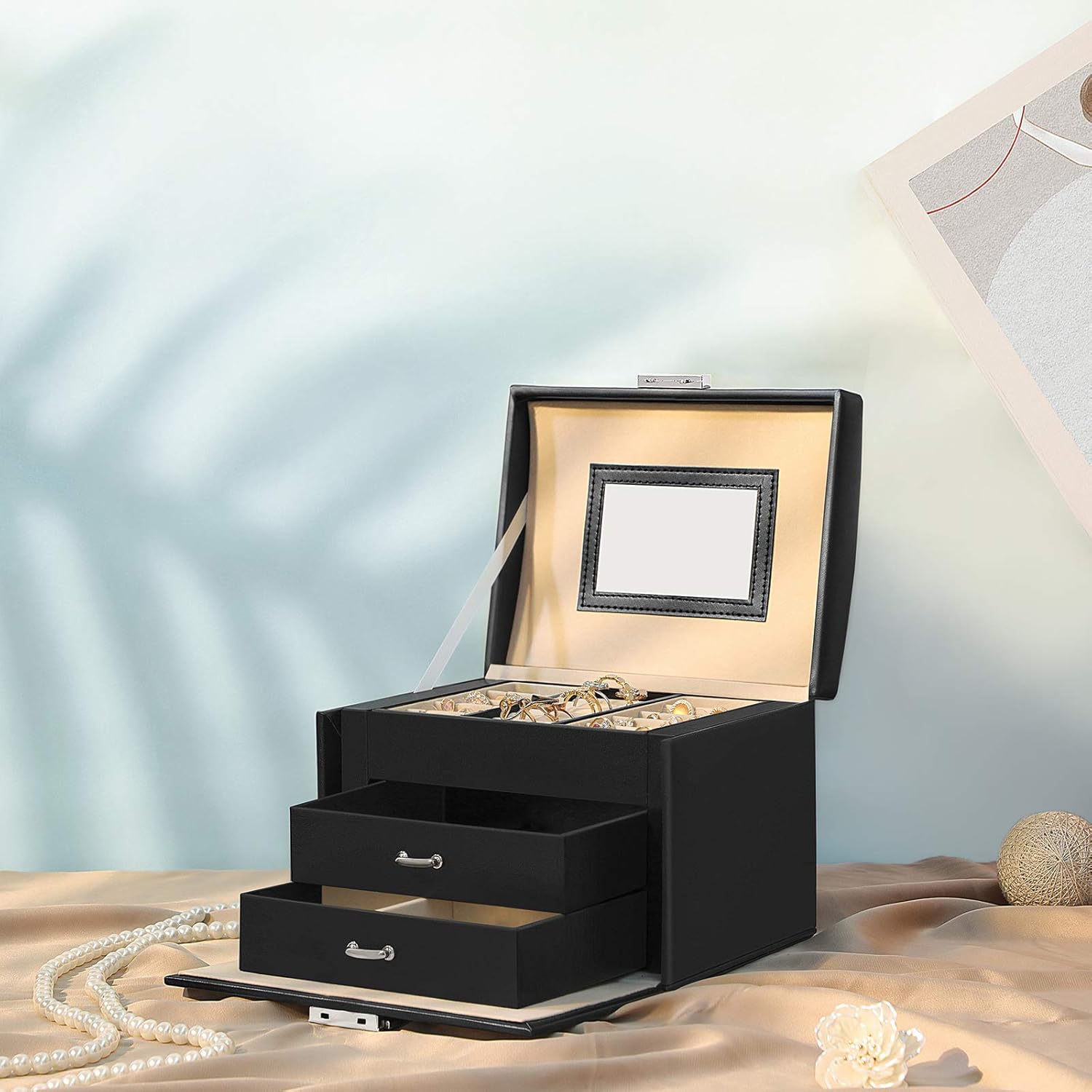 SONGMICS Jewelry Box, Travel Jewelry Case, Compact Jewelry Organizer with 2 Drawers, Mirror, Lockable with Keys, 6.9 x 5.3 x 4.7 Inches, Gift Idea, Black UJBC154B01 : Clothing, Shoes & Jewelry