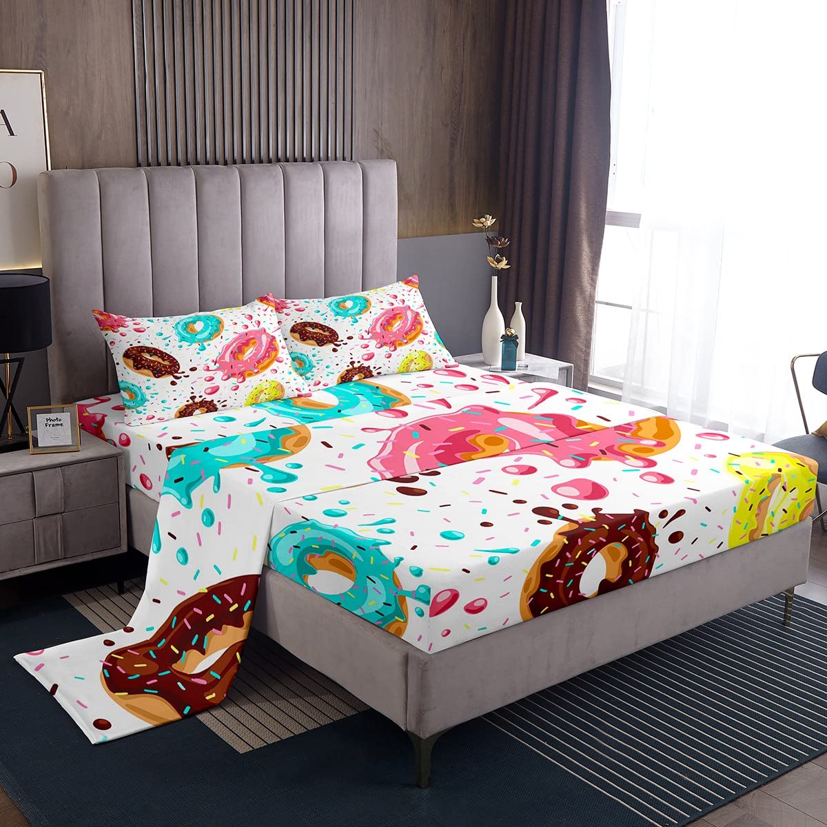 Loussiesd Girly Sheet Set Sweet Donuts Bed Sheets for Kids Boys Girls Chocolate Doughnut Cream Bed Set Cute Whimsical Dessert Sheets 4Pcs Bedding King