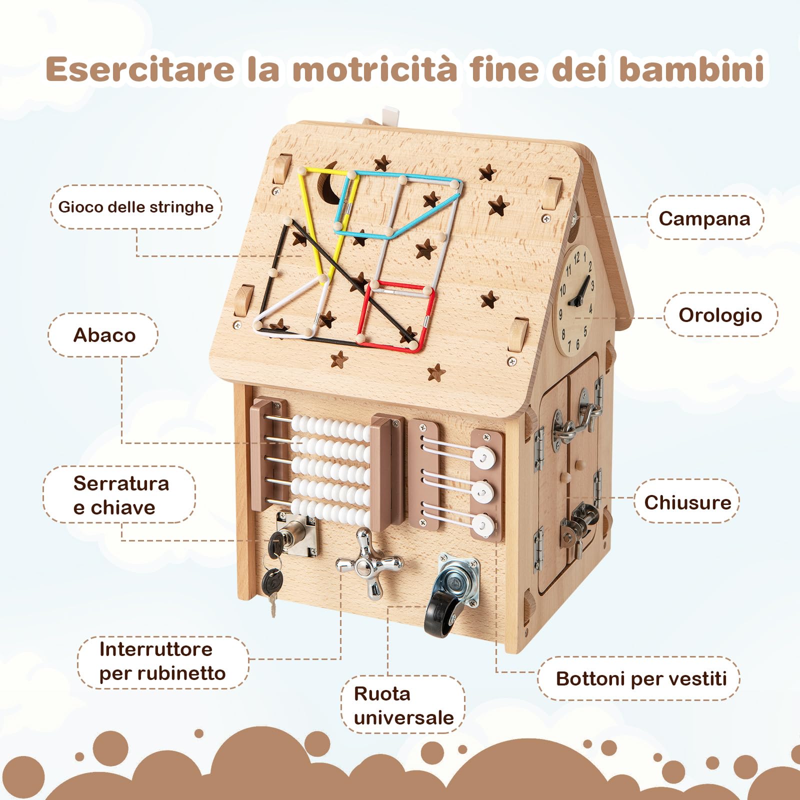 COSTWAY Occupato Montessori per Bambini in Legno, Casetta Giocattolo Piccola con Giochi Sensoriali e Vano Interno, Giochi Montessori per Motricità Fine, per Bambini 3 Anni+