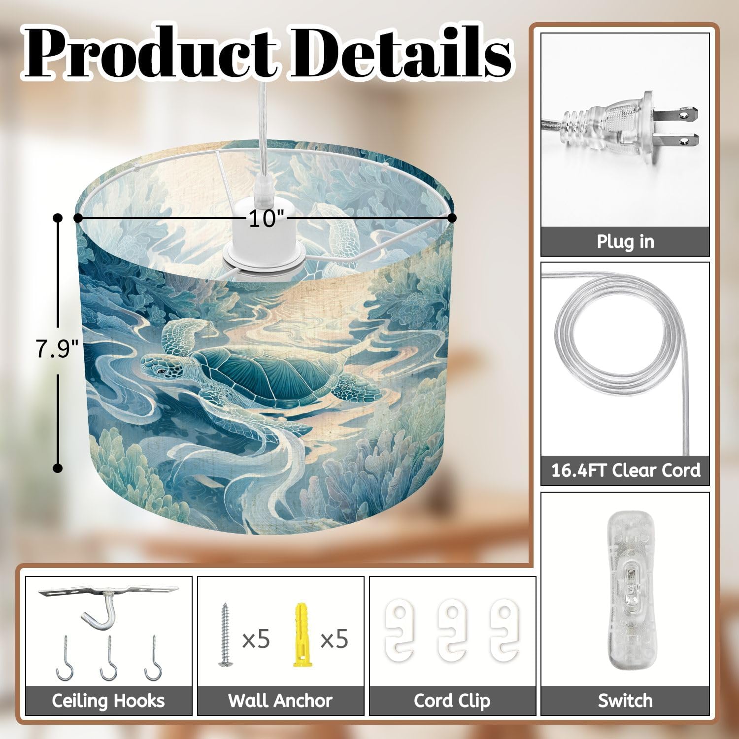 Plug in Pendant Light Serene Blue Sea Turtle Swimming Peaceful Ocean Waters Hanging Lamp with Clear Cord Fabric Shade Dimmable for Bedroom Kitchen Island Living Room Light Fixtures