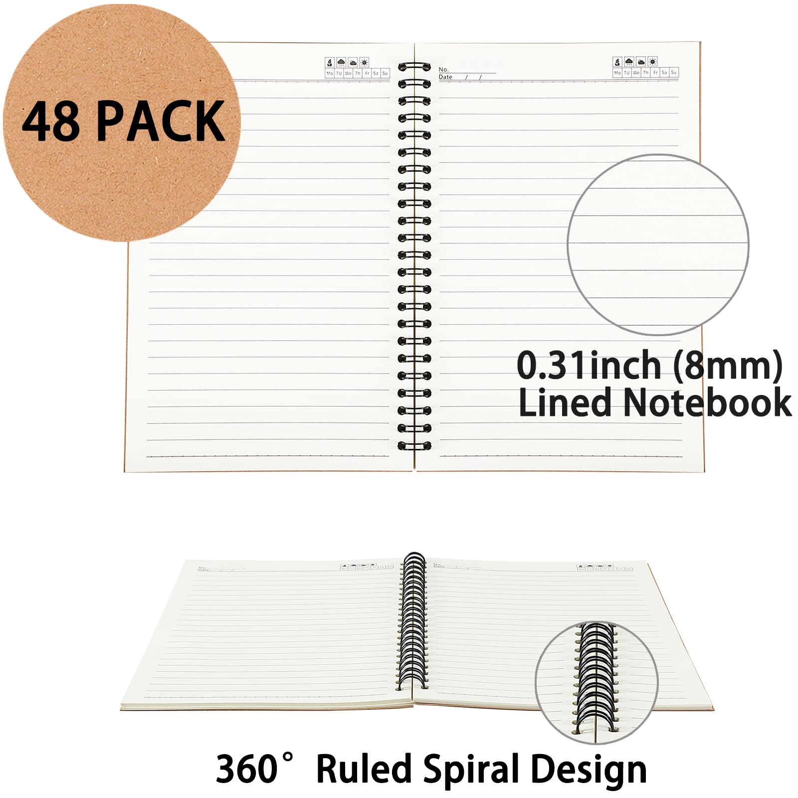 YOTNUS 48 cuadernos en espiral A5 con cubierta de papel kraft, 5 x 8 pulgadas, papel rayado a rayas, para trabajo, bocetos, estudio, toma de notas, regalos, marrón (24 piezas (rayadas))