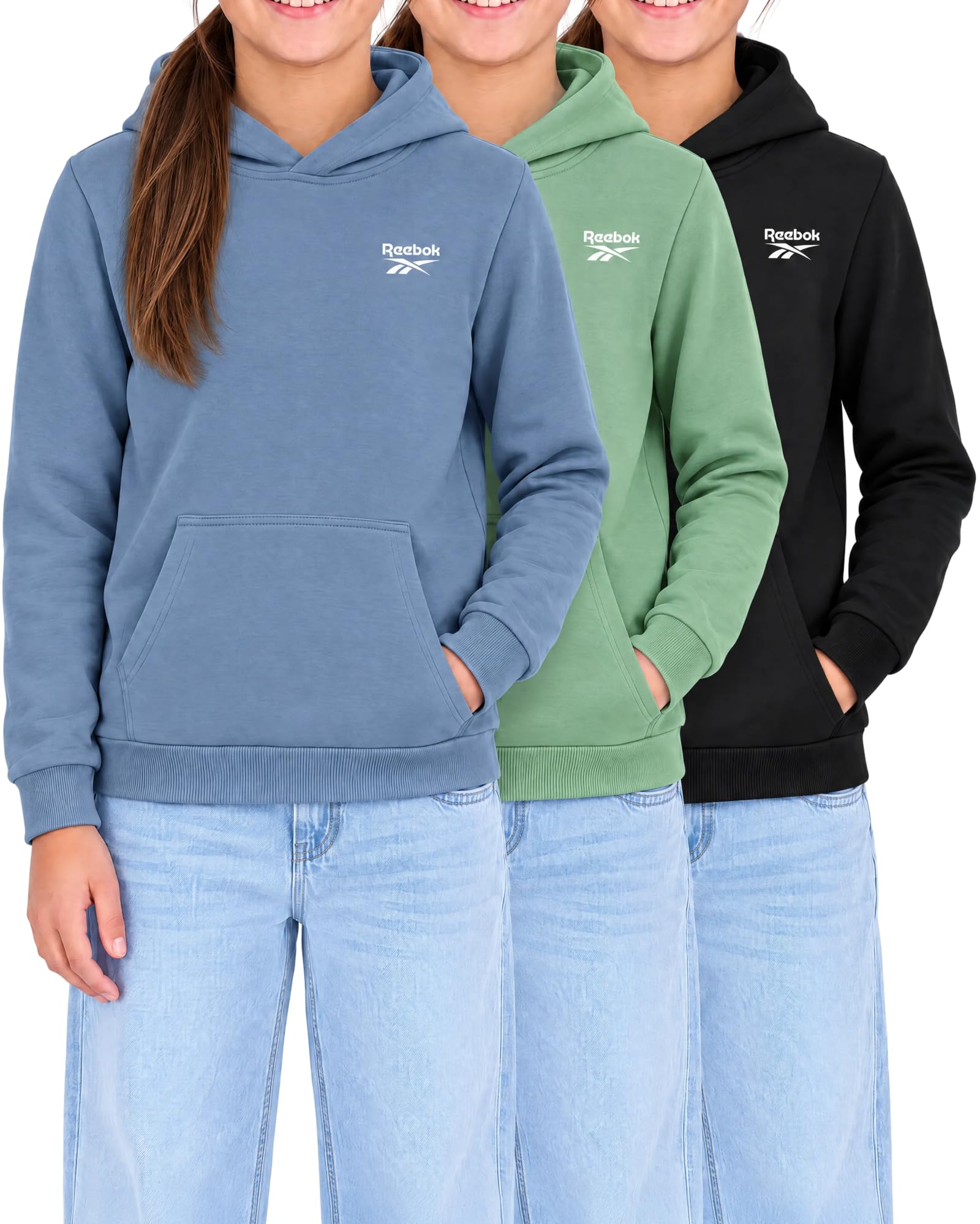 Reebok 3 Pack Girls Fleece Pullover Hoodie Hooded Sweatshirt Kids Teen