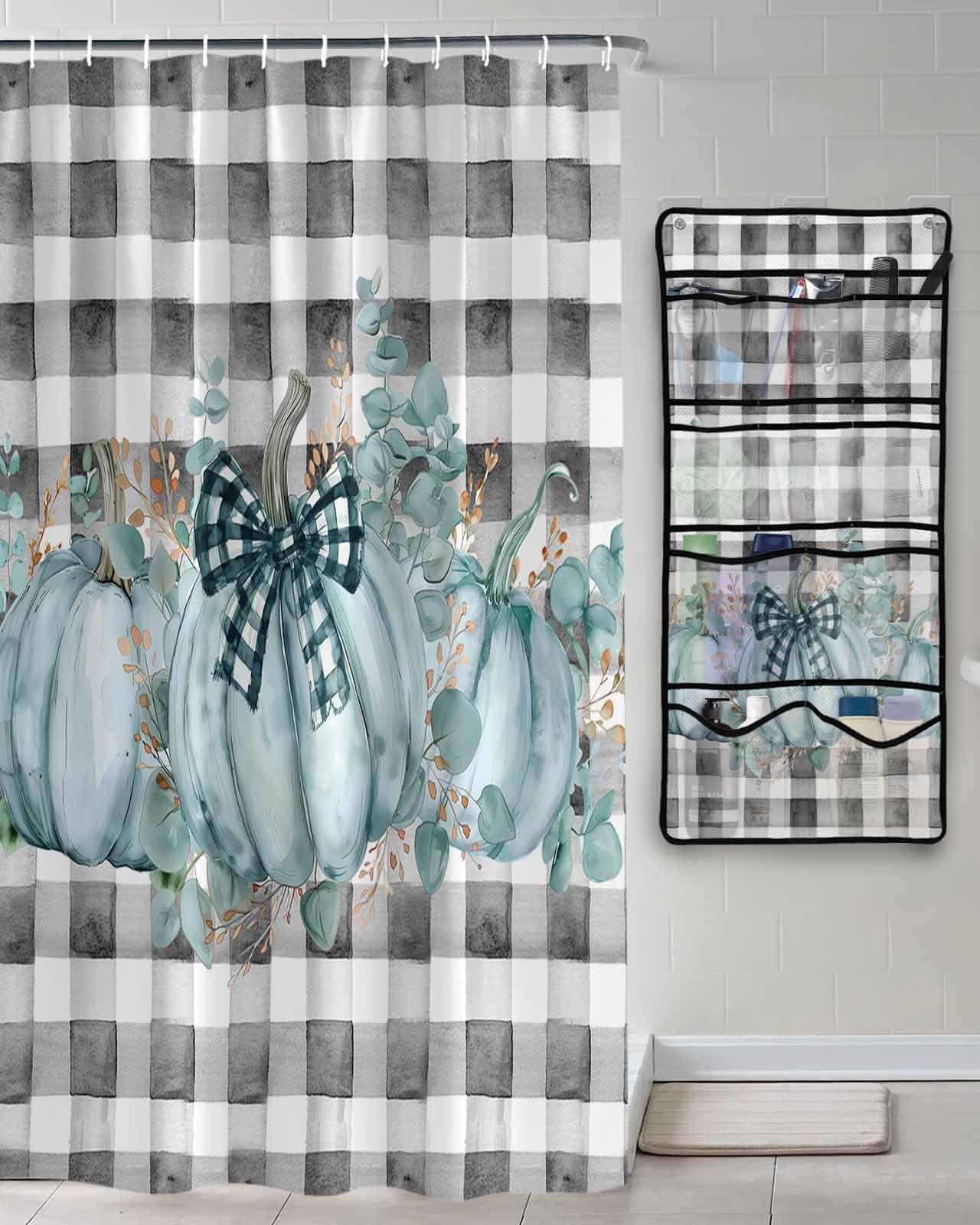 Decorative Shower Curtain Sets Fall Thanksgiving Fabric Shower Curtains Autumn Pumpkin Eucalyptus Leaves Black White Check Mesh Shower