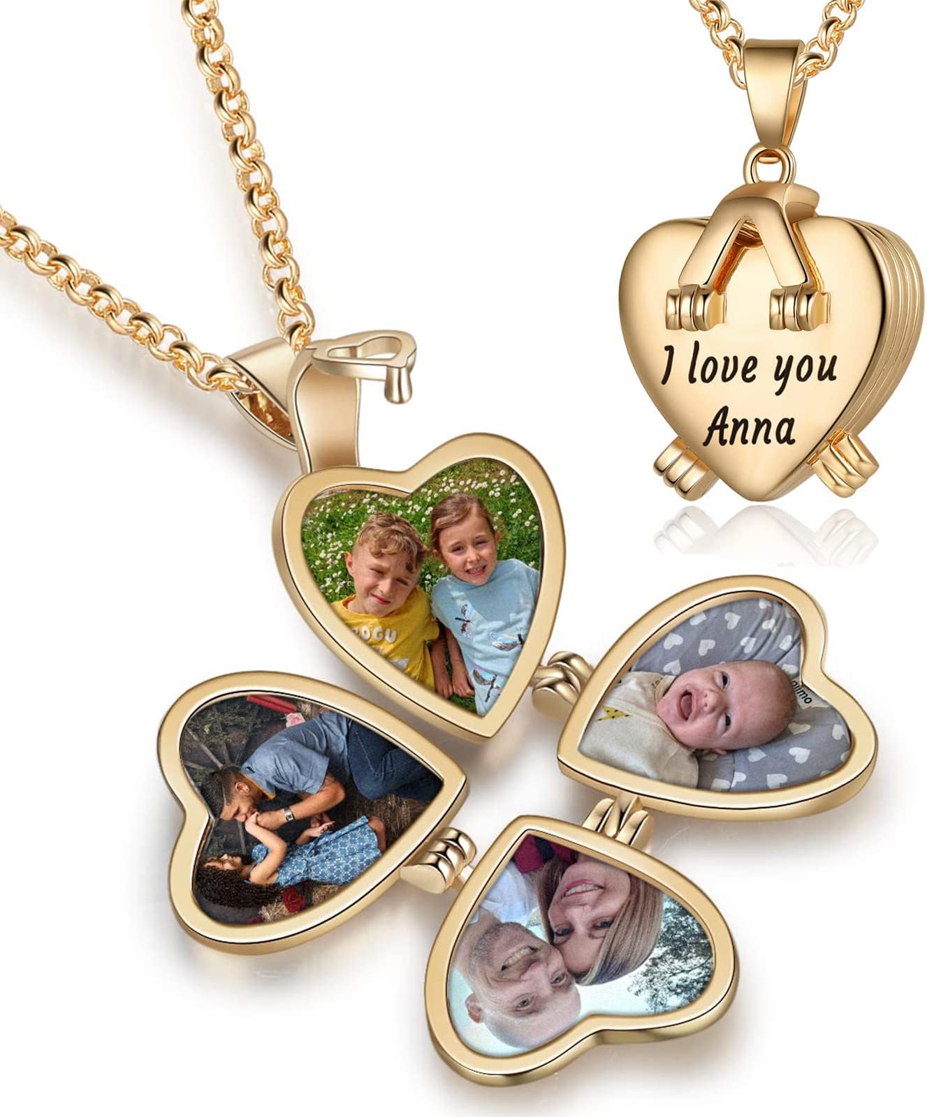 NobelookPersonalized Love Heart Locket Necklace That Holds 4 Photos Customizable Pendant Charms For Women Gold Plated Vintage Necklace for Mother Girls Christmas Birthday Gift Chain Length 31.49" Adjustable