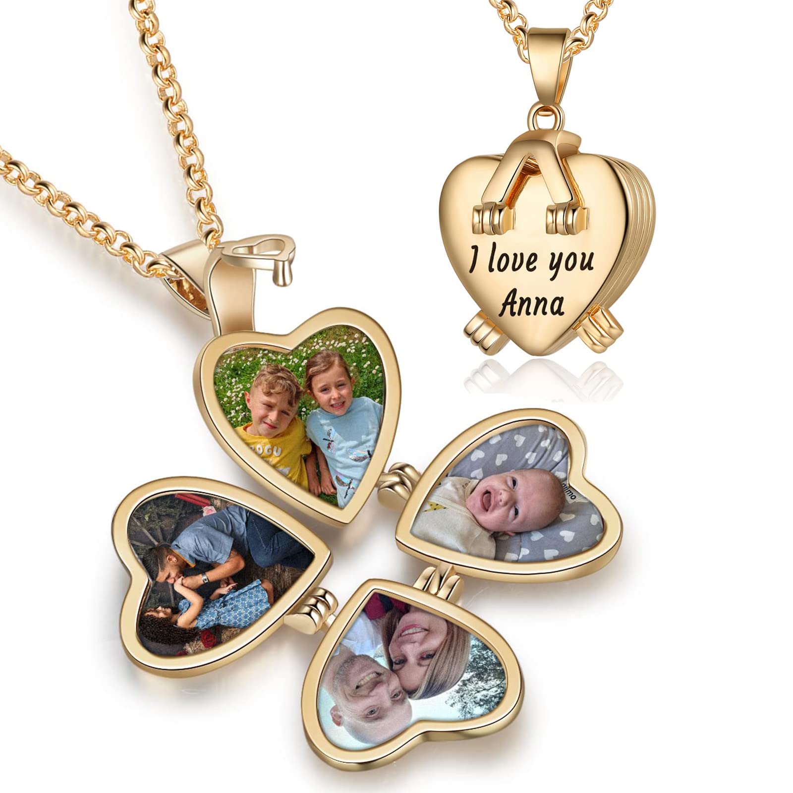 NobelookPersonalized Love Heart Locket Necklace That Holds 4 Photos Customizable Pendant Charms For Women Gold Plated Vintage Necklace for Mother Girls Christmas Birthday Gift Chain Length 31.49" Adjustable