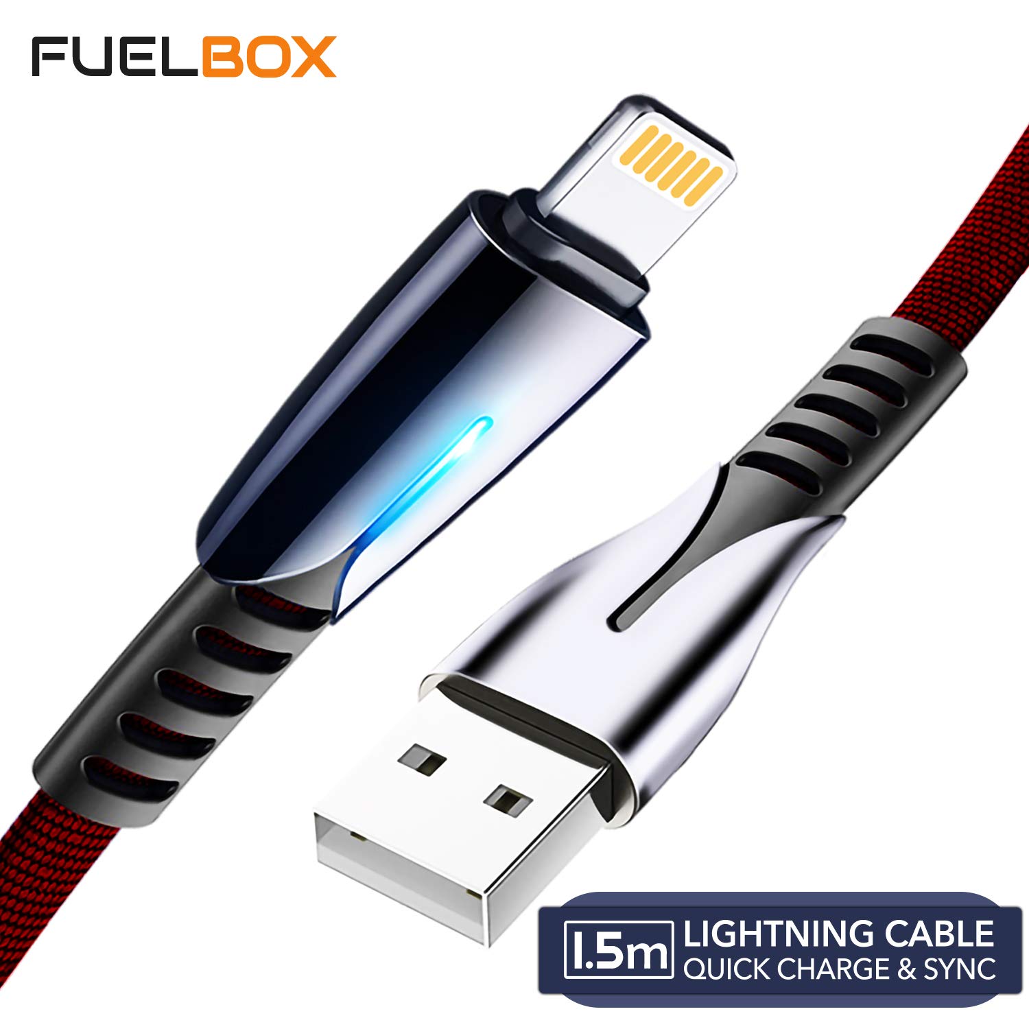 FuelBox® Nylon Tough Tested Braided LED USB Cable with Ultra Flexible & Durable Quick Charge & Sync Cable Compatible with iPhone/iPad Air/Mini/iPod Nano/Retina (1.5 M, Black/Red)