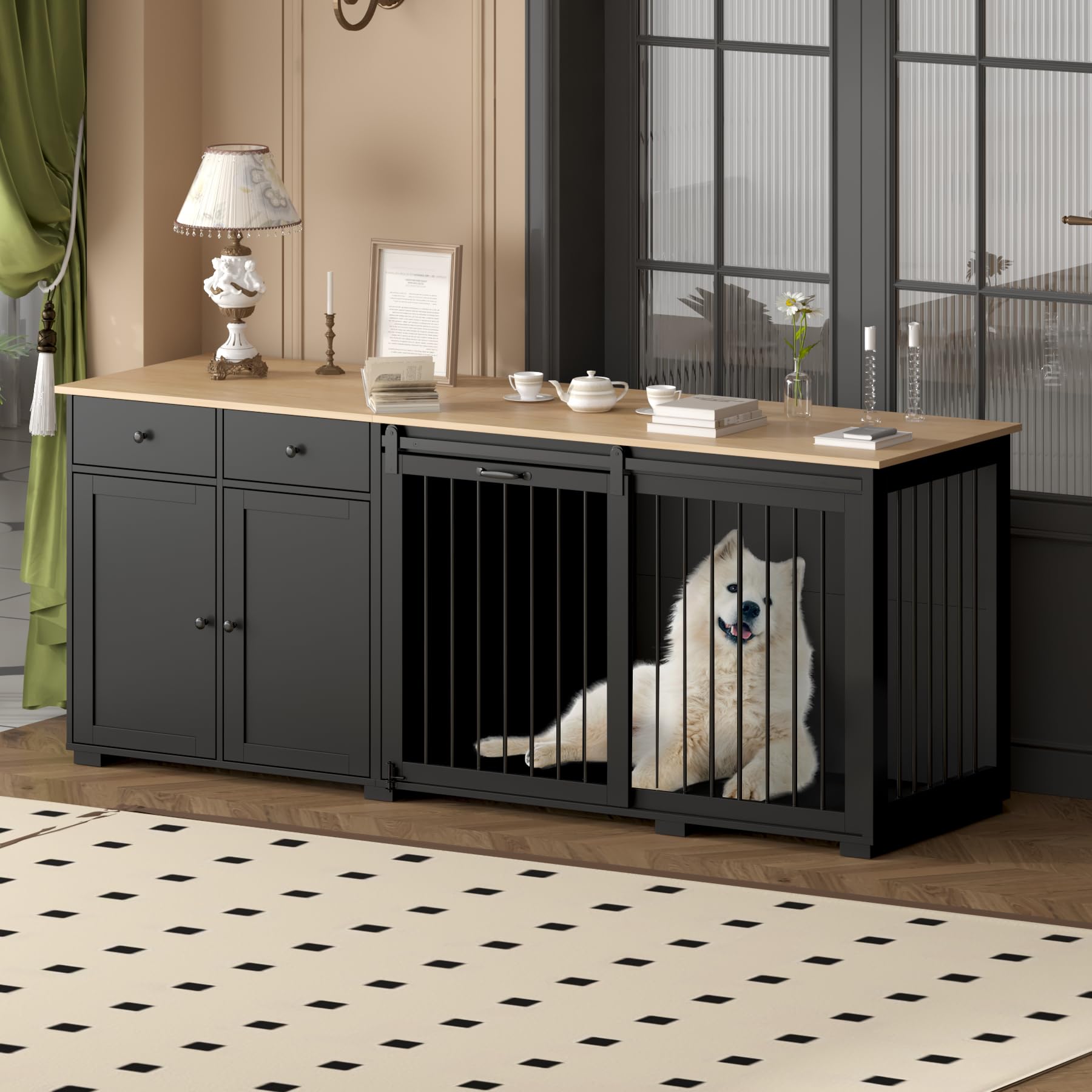 Large Dog Crate Furniture with Storage, 78.7" Wooden Dog Crate Kennel Furniture with Drawers, Adjustable Shelves and Sliding Door, Dog Crates Furniture for Small Medium Large Dog, Black