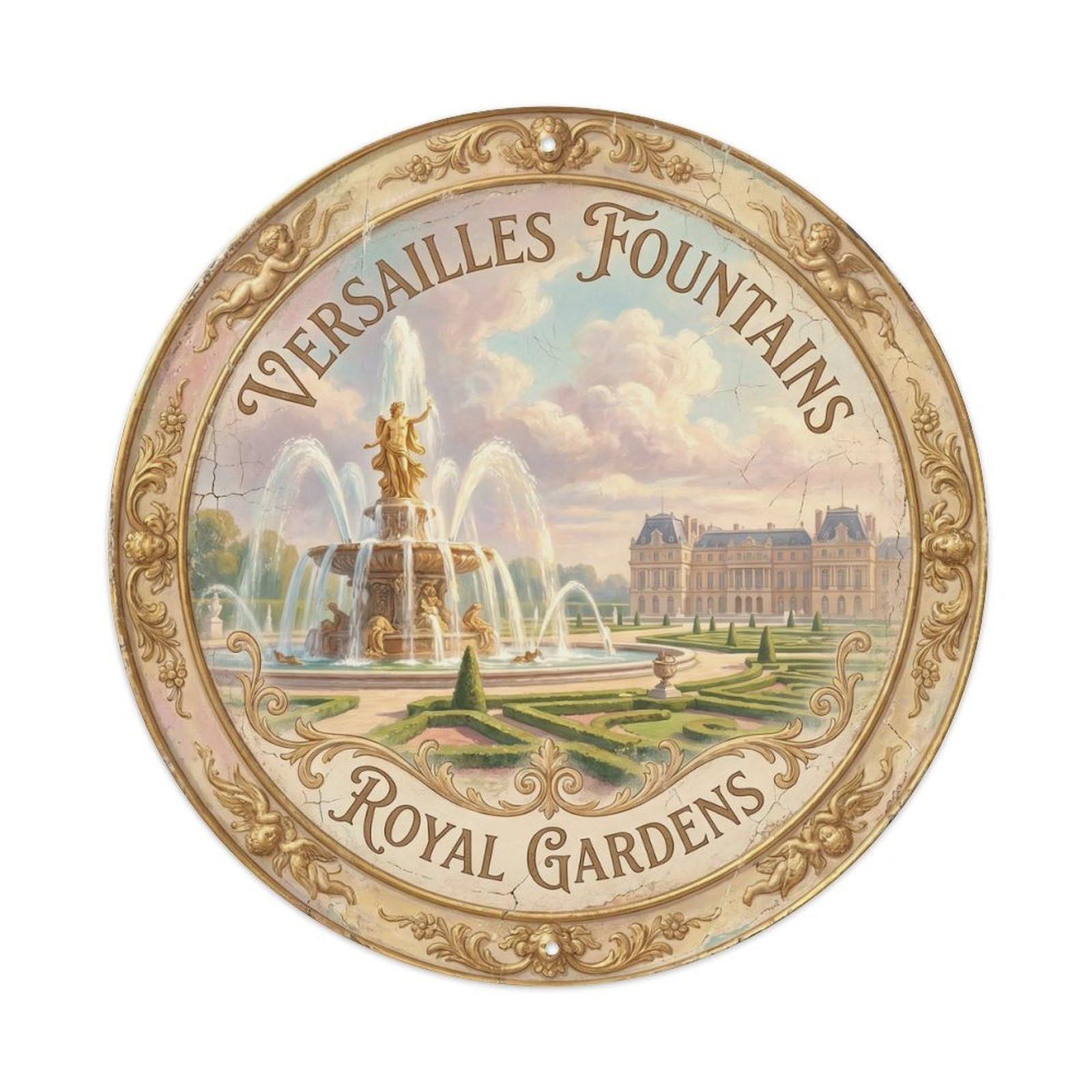 Vintage Travel Versailles Fountain Royal Gardens Metal Tin Sign Plaque Wall Decor for Cafe, Club, Garden Round Metal Poster 8x8Inch