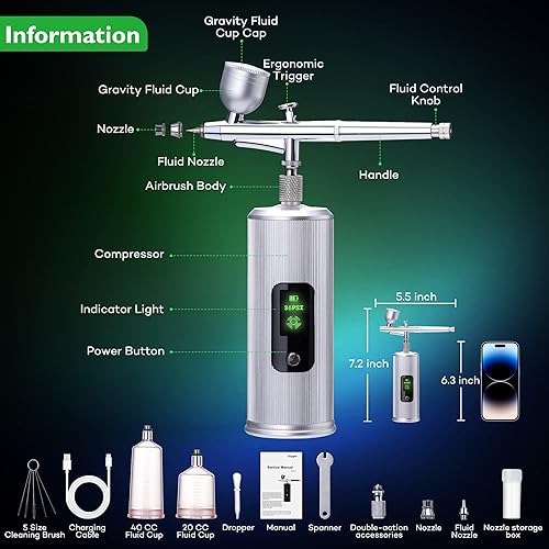 Miniatura 3 de ANUINIT Kit de aerógrafo de 36 PSI con compresor, modo de doble acción, pantalla LCD, aerógrafo de mano inalámbrico para uñas, pasteles, maquillaje,