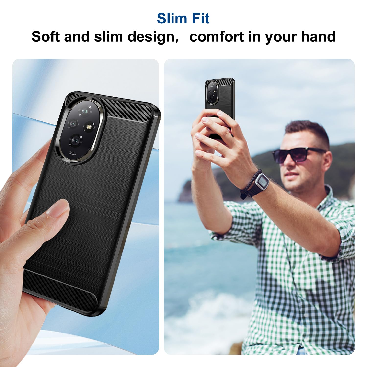 Qiinogow Case Compatible with Honor 200, Slim Fit Phone Cover with Shock-Absorption, Carbon Fiber TPU Rubber Protective Case, Black - Image 4
