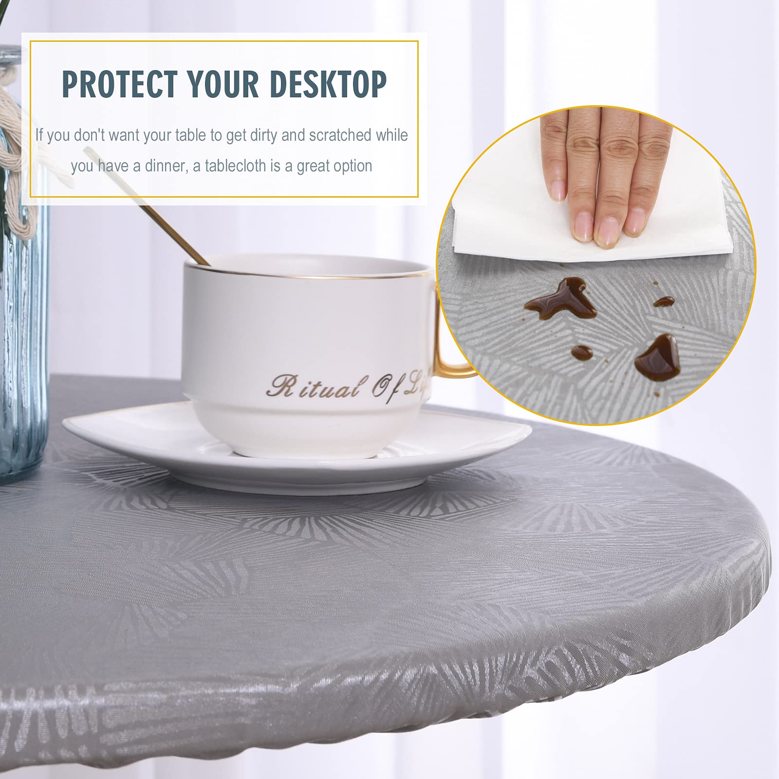 Nappe Ronde Ajustée Pour Extérieur, 61 Cm, Nappe En Vinyle Imperméable Avec Bord élastique Facile à Nettoyer, Pour Terrasse, Salle à Manger (gris, 60 Cm