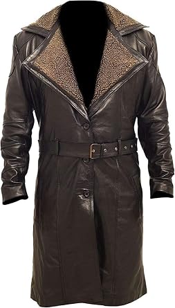 Mens Long Black Faux Leather Trench Coat WW2 German Military Belted Fur Collar