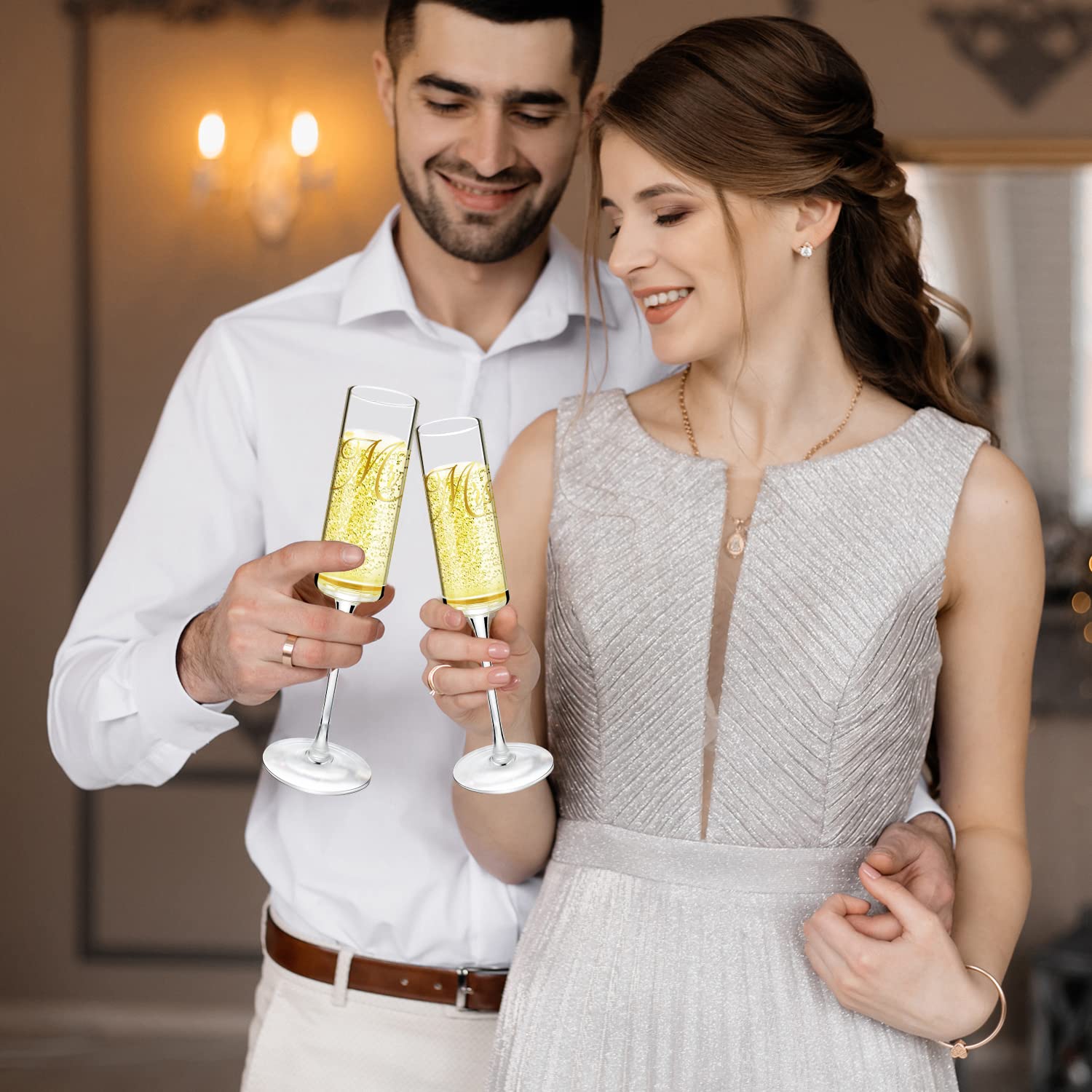 Mr and Mrs Champagne Flutes with Long Stem,Bride and Groom Toasting Glass,Elegant 7oz Square Wedding Glasses Set of 2, Bridal Shower Unique Gift for Anniversary, Engagement Gifts for Couples