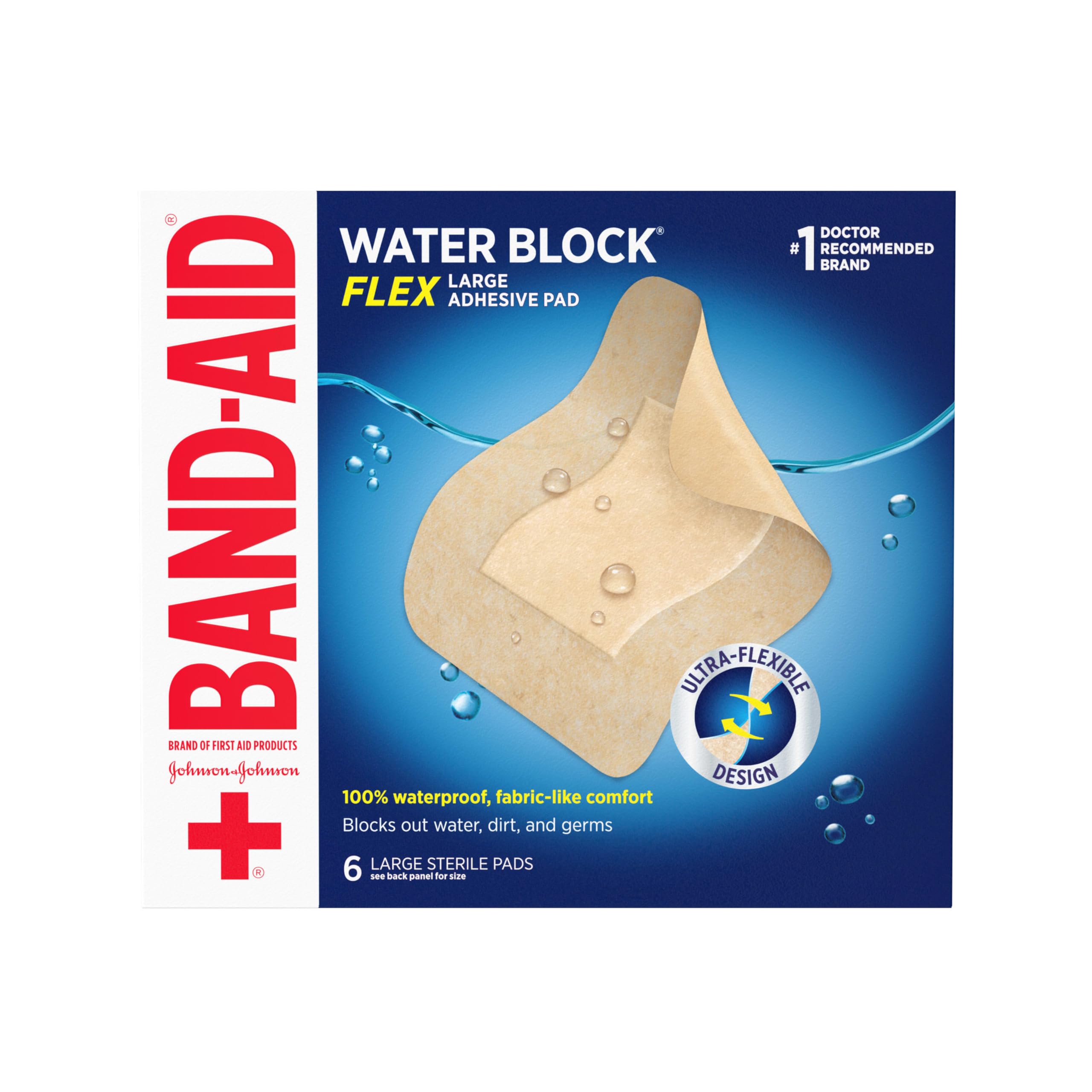 Band-Aid Brand Water Block Flex Large Adhesive Pads, 100% Waterproof Bandage Pads for First-Aid Wound Care of Minor Cuts, Scrapes & Wounds, Ultra-Flexible Design, Sterile, Large, 6 ct