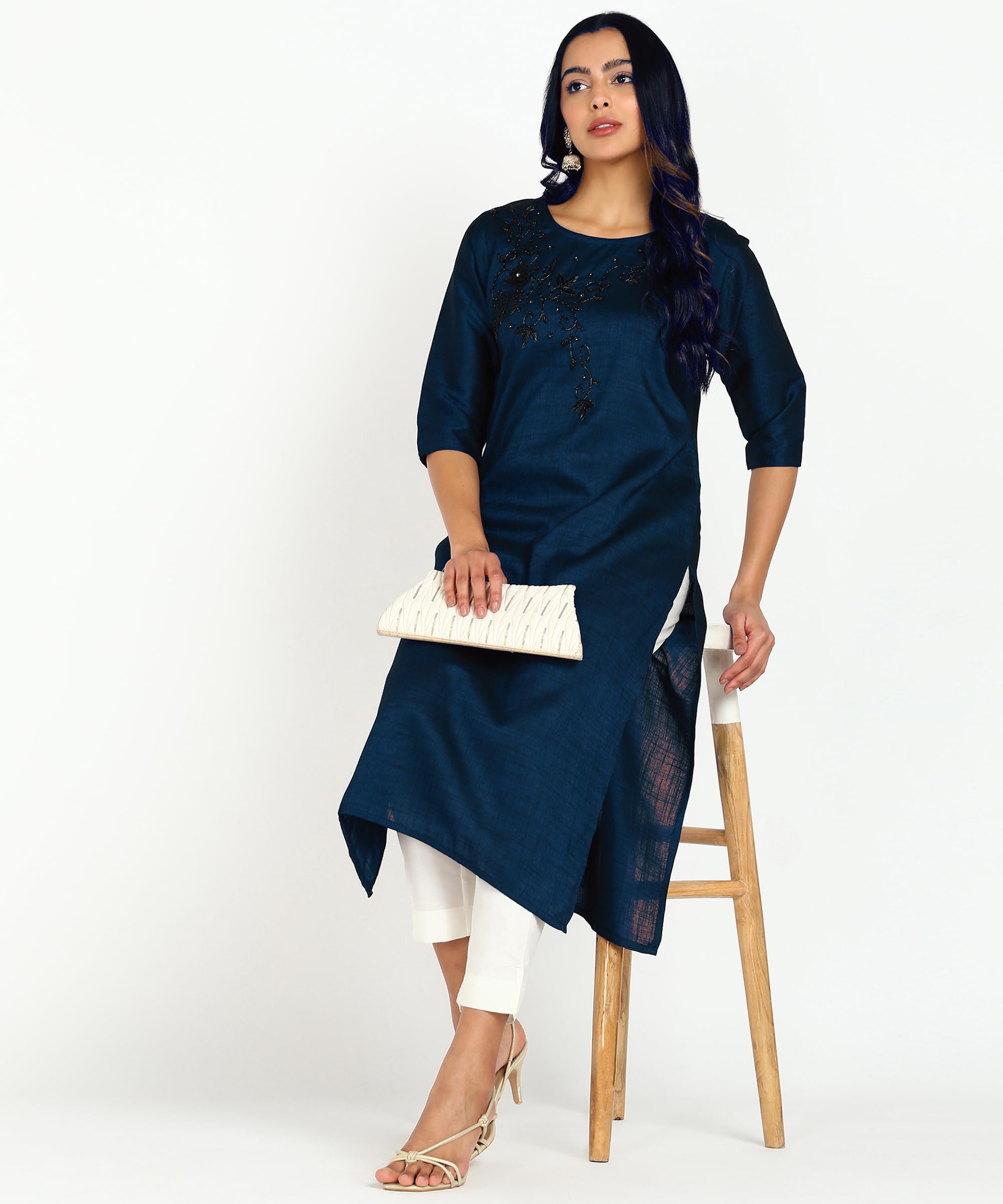 Premium Hand Embroidery Work On 2 Tone Double Tone Double Colour Rayon Fabric for Festival Party Special Occasions (X-Large, Blue) 1