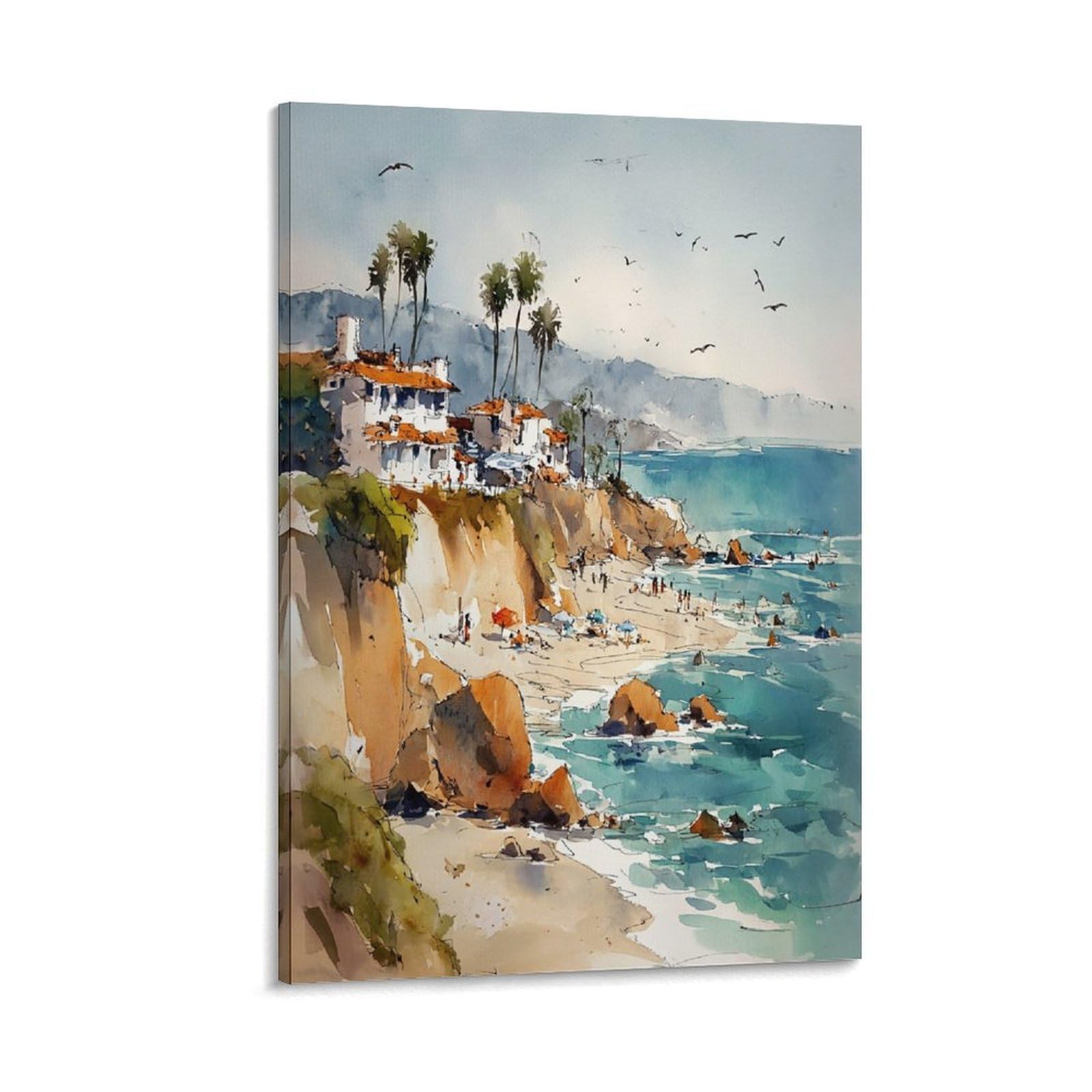 XWYMXZ Laguna Beach Watercolor Painting Coastal Travel Poster Tree 20x30inch(50x75cm) Vintage Watercolor Canvas Art