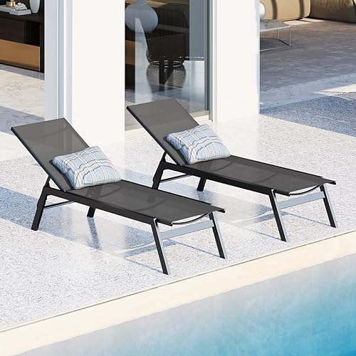 Juego de 2 tumbonas de aluminio para exteriores, sillas reclinables de textileno transpirables para patio, sillón reclinable con 5 respaldos disponible en Yaxa Peru