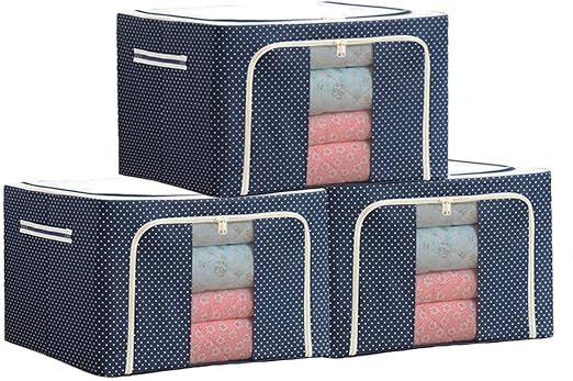 DEETTO 66 LTR Foldable Steel Frame Cloths Zip Organizer Bag and Oxford Fabric Storage Living Cover Boxes For Wardrobe Shelves Clothes, Sarees, Bed Sheet, Blanket (Pack Of 3) (Blue) at Rs. 1899