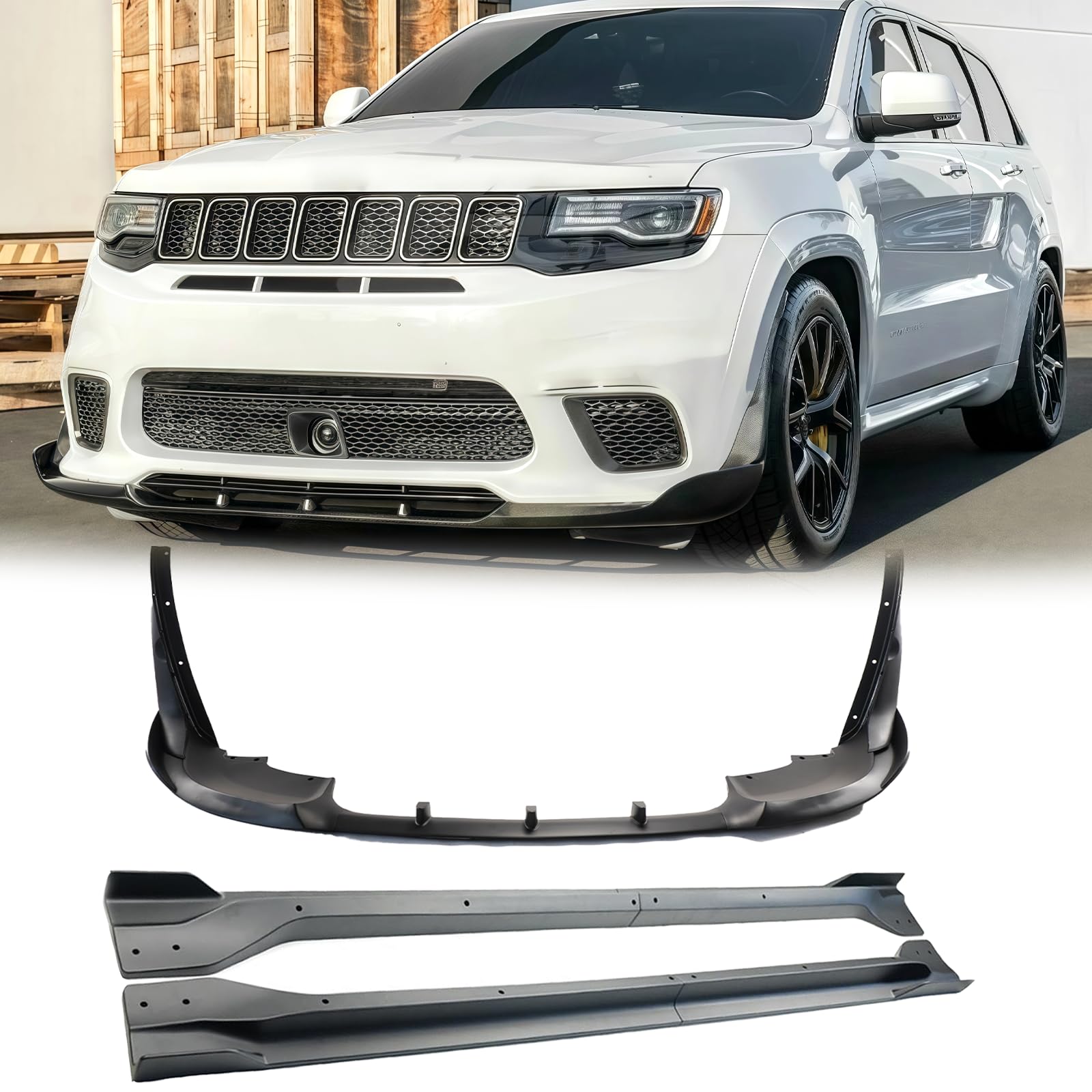 Body Kits for Jeep Grand Cherokee SRT/Trackhawk 2017 2018 2019 2020 2021 V4 Style Front Bumper Lip Splitter + Side Skirt Extension Lip Panels Splitte (Matte Black)